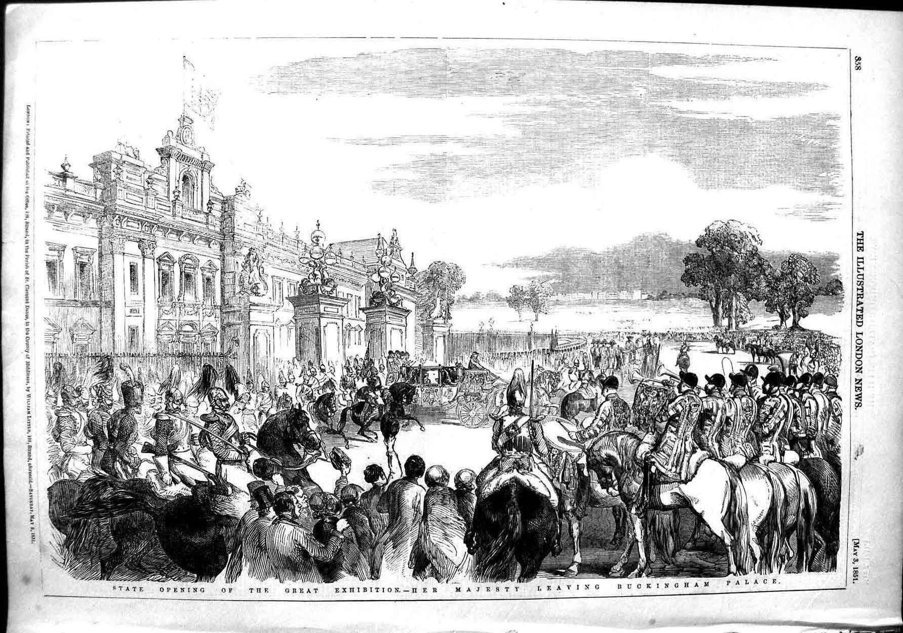 Old Antique Print 1851 Great Exhibition Buckingham Palace Queen England 19th