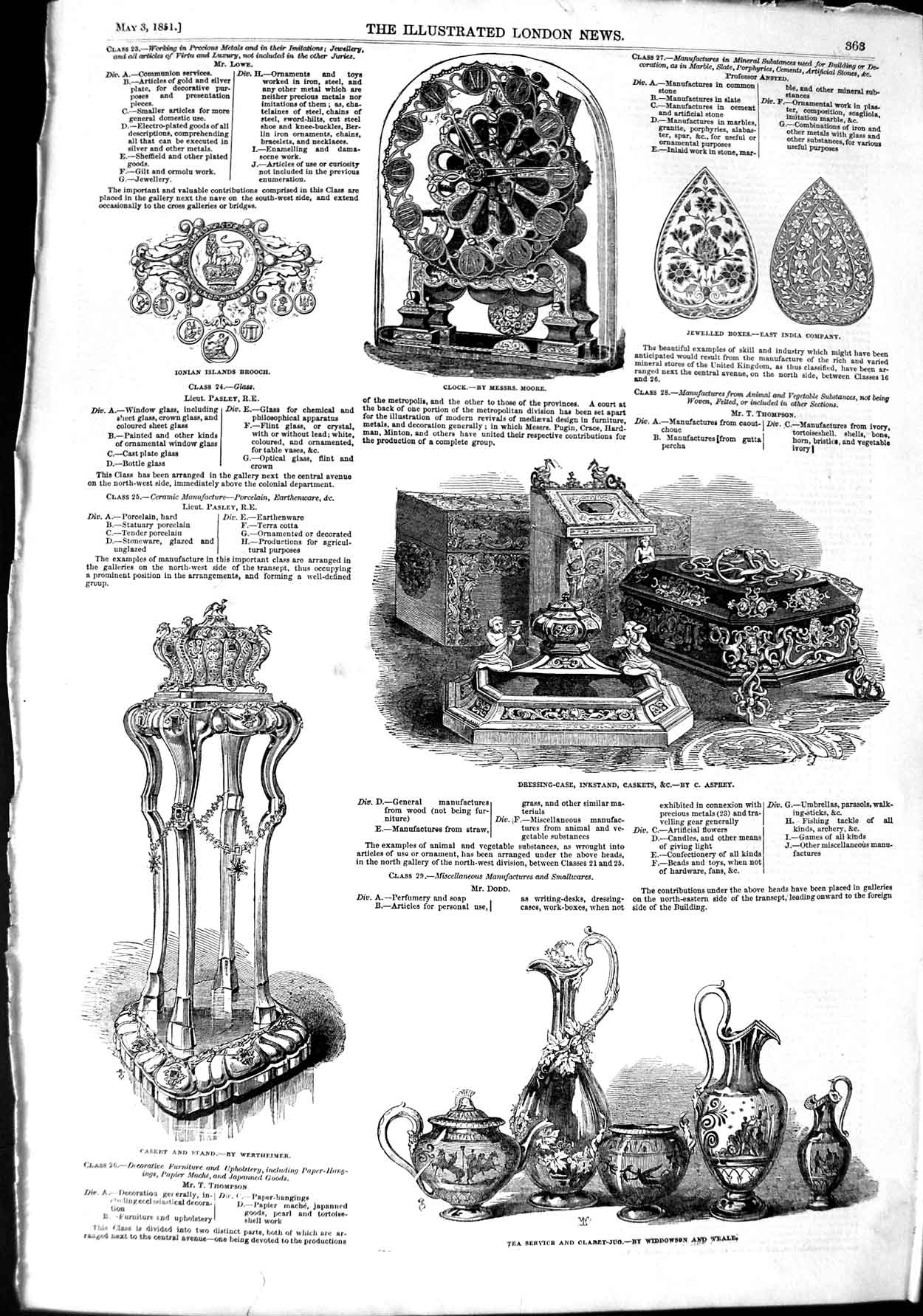 Original Old Antique Print 1851 Clock Ionian Brooch Casket Tea Service Inkstand