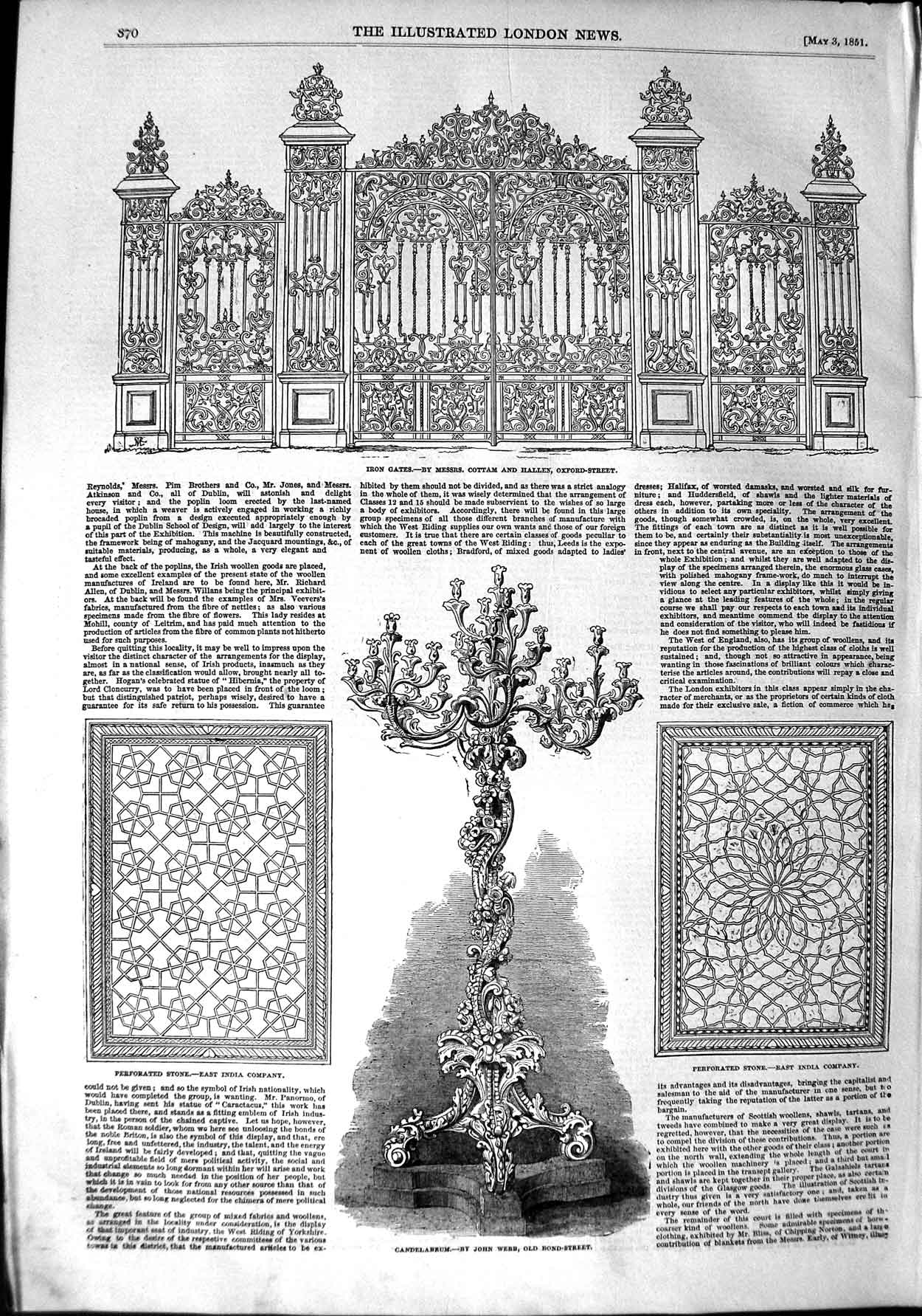 Old Antique Print 1851 Iron Gates Cottam Hallen Candelabrum Stone Design 19th