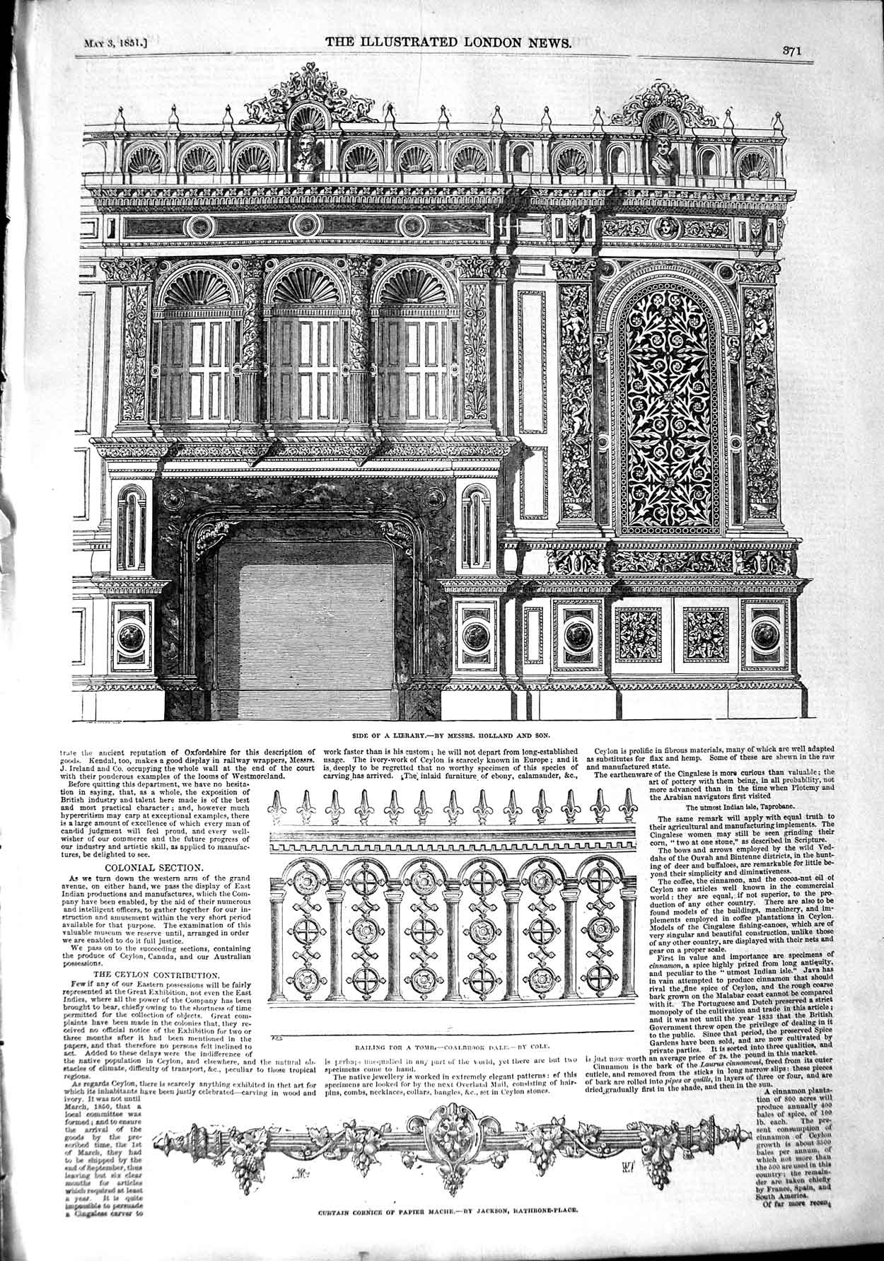 Old Antique Print 1851 Library Design Holland Curtain Cornice Papier Tomb 19th