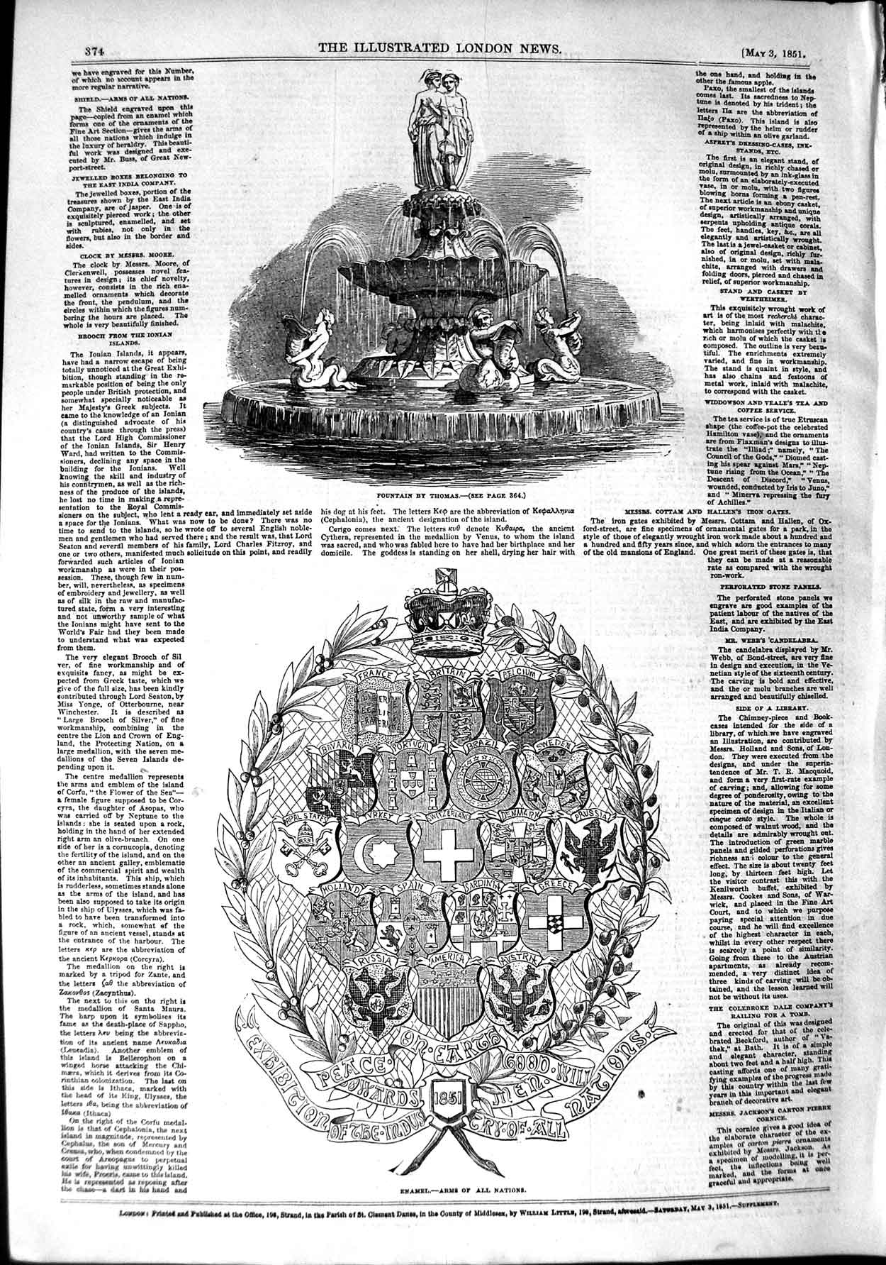 Original Old Antique Print 1851 Fountain Thomas Enamel Arms Nations Victorian