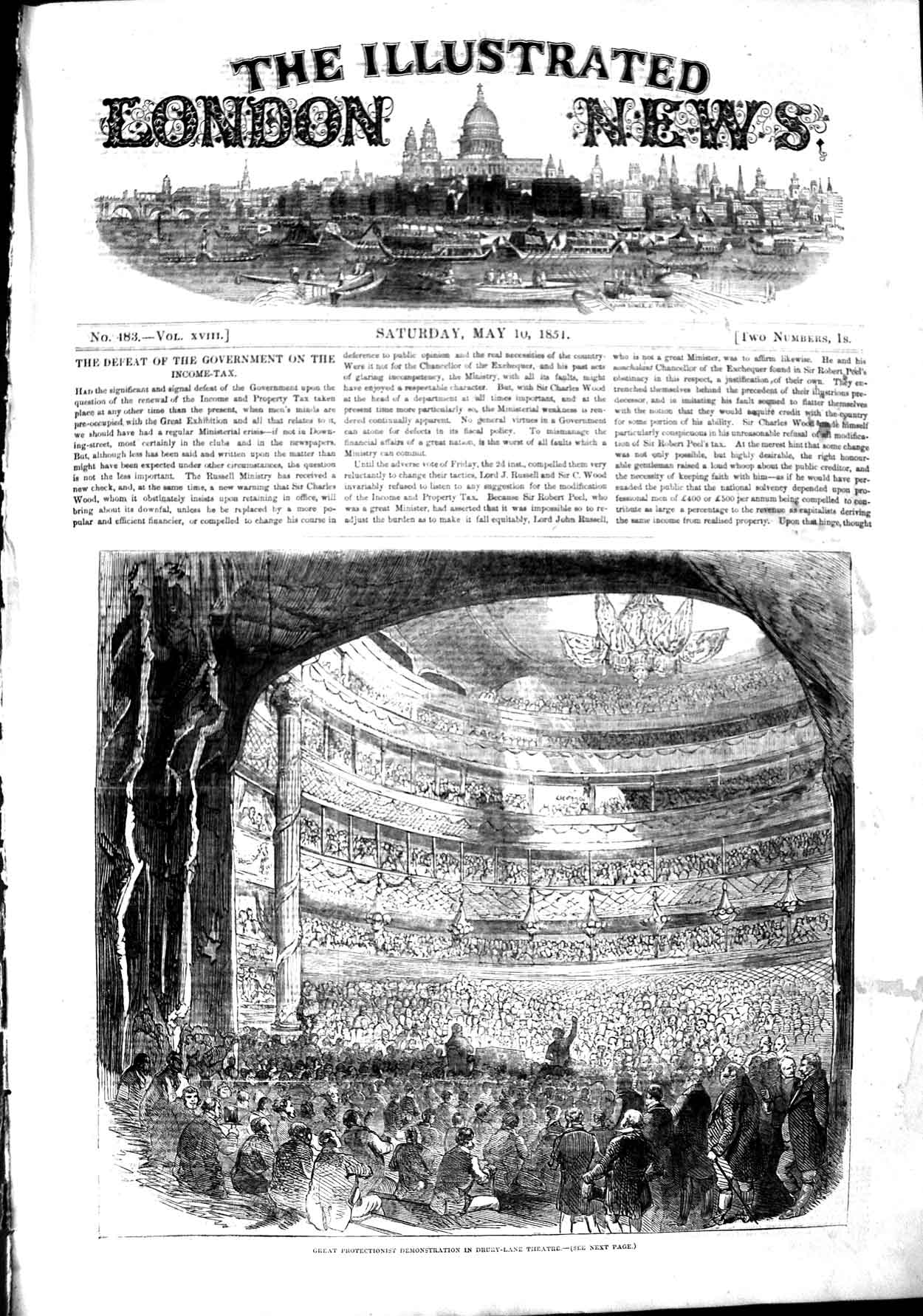 Original Old Antique Print 1851 Great Protectionist Demonstration Drury Theatre