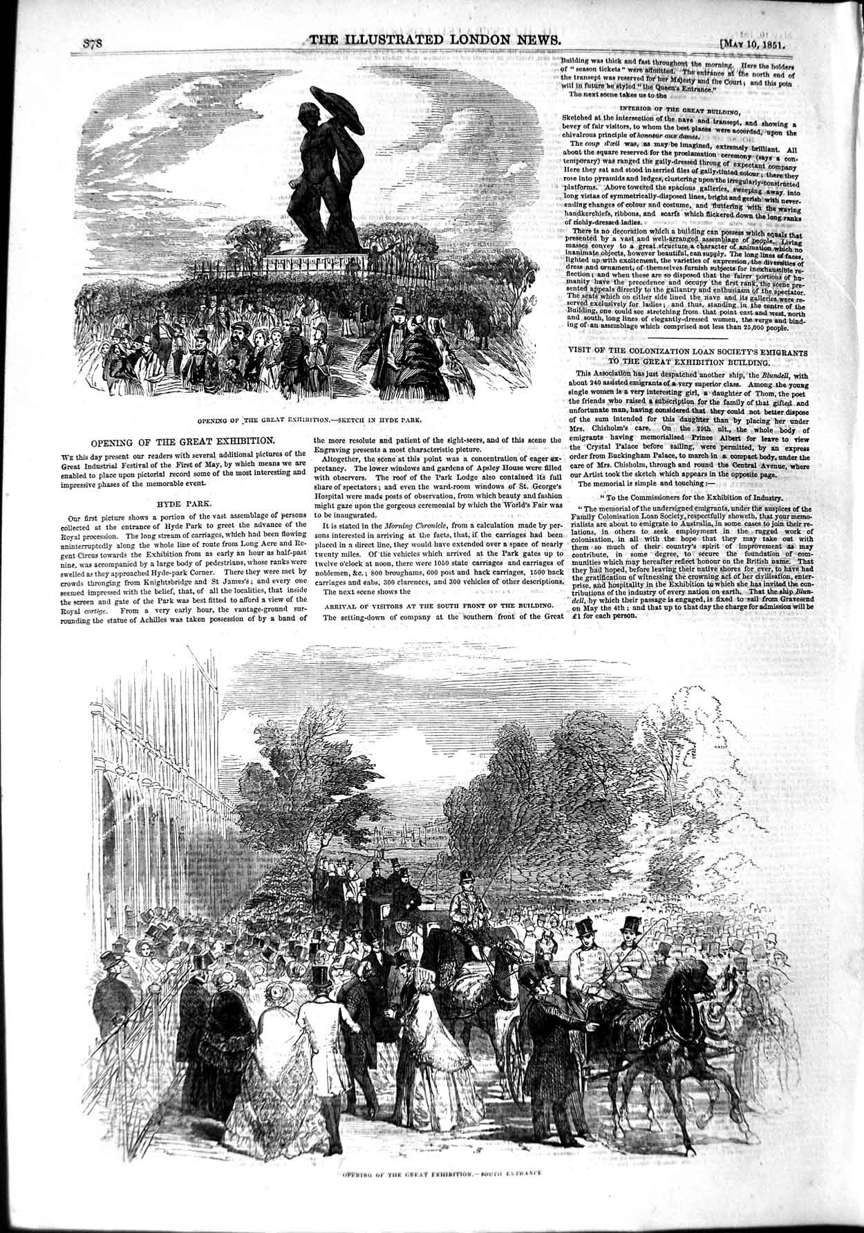 Original Old Antique Print 1851 Hyde Park Great Exhibition Statue Horses 19th