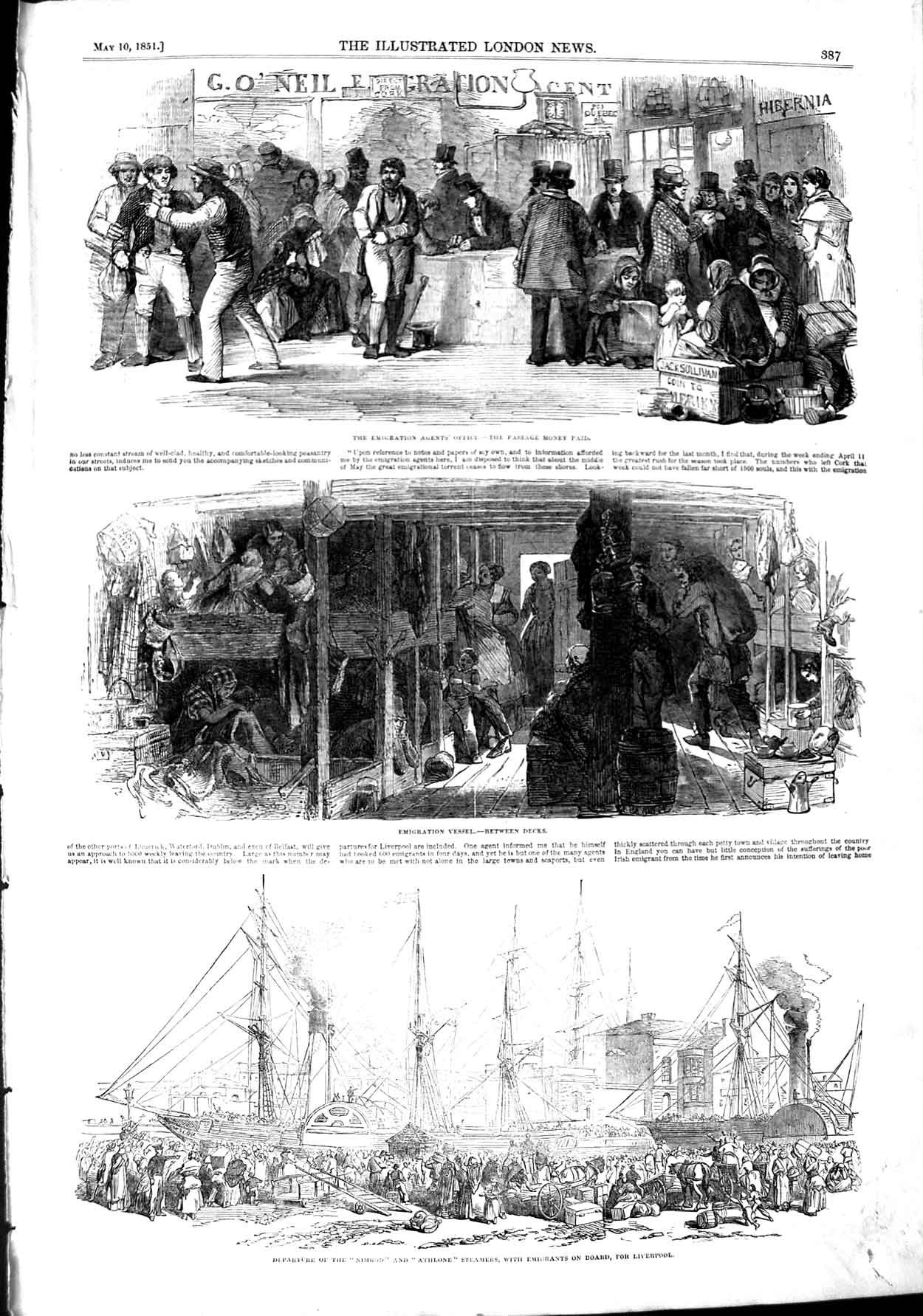 Original Old Antique Print 1851 Ireland Emigrants Cork Ship Nimrod Victorian