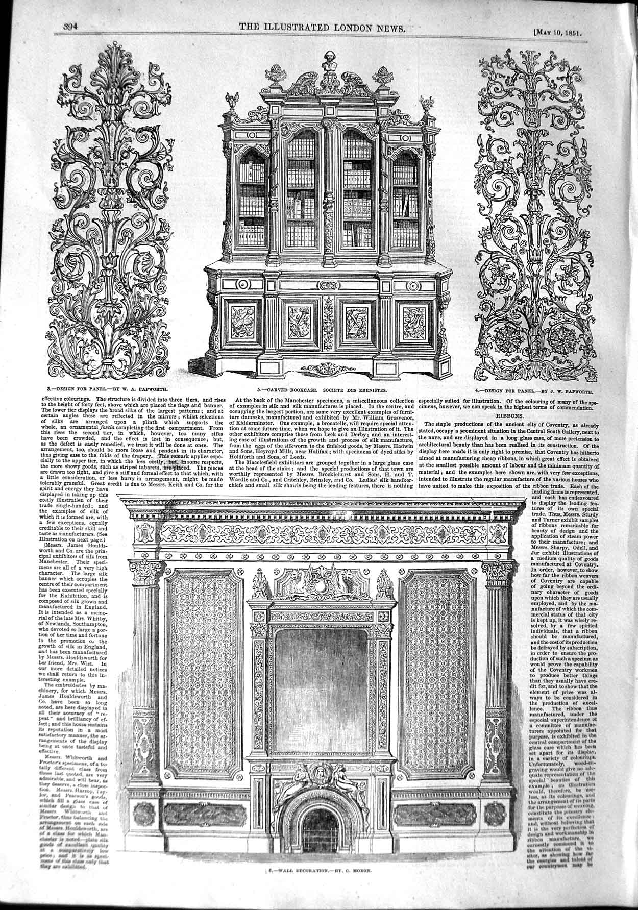 Old Antique Print 1851 Wall Decoration Carved Bookcase Design Furniture 19th