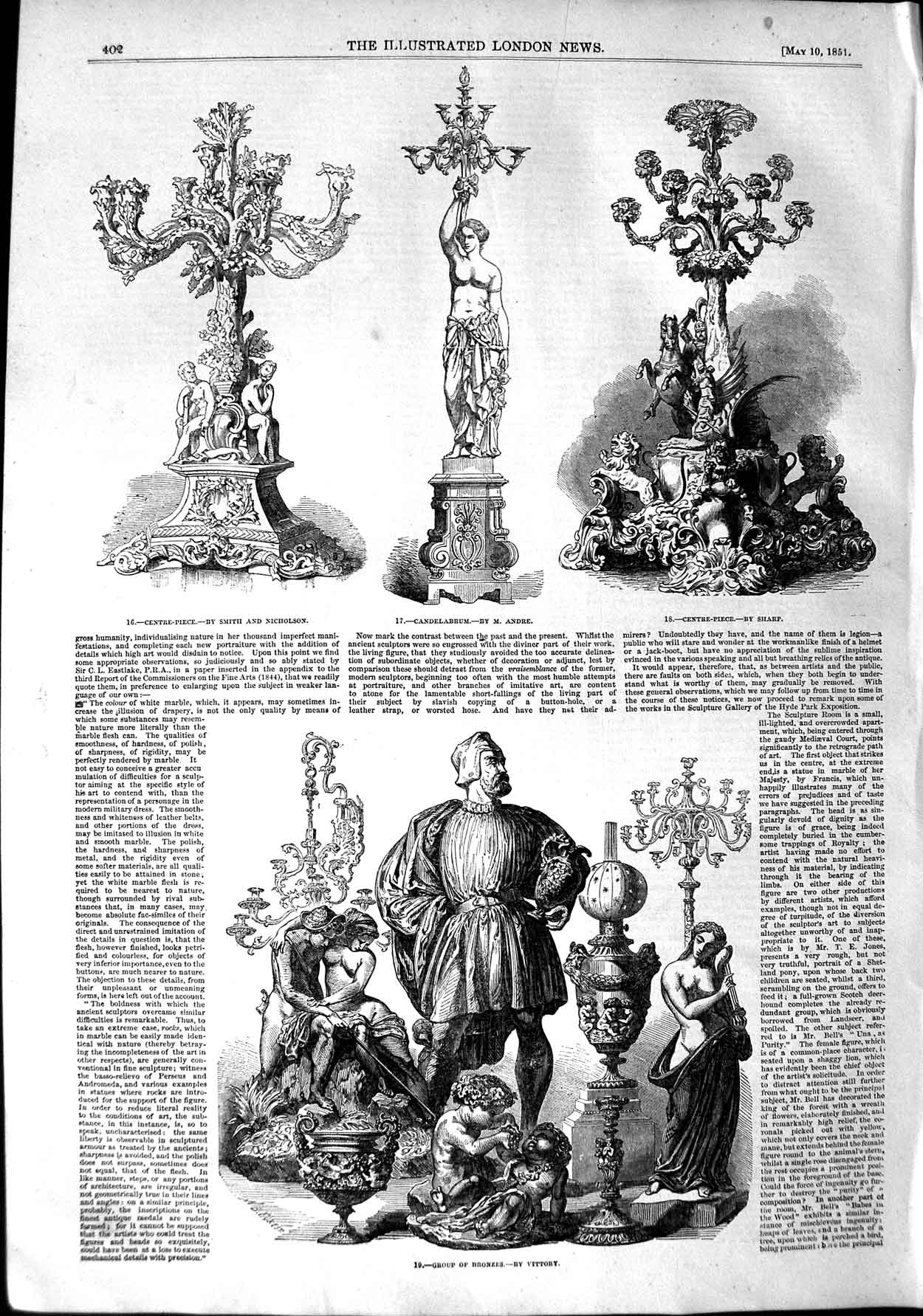 Original Old Antique Print 1851 Bronze Statues Vittory Candelabrum Andre Sharp