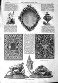Original Old Antique Print 1851 Bronze Stag Book-Cover Carton Pierre Vase Glass