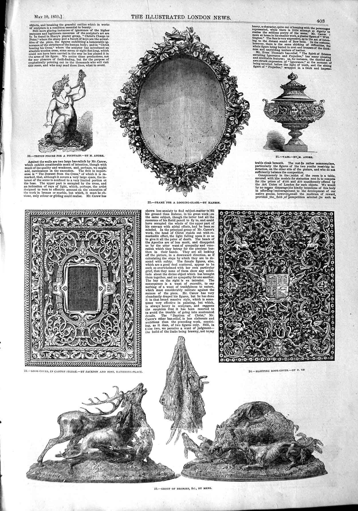 Original Old Antique Print 1851 Bronze Stag Book-Cover Carton Pierre Vase Glass