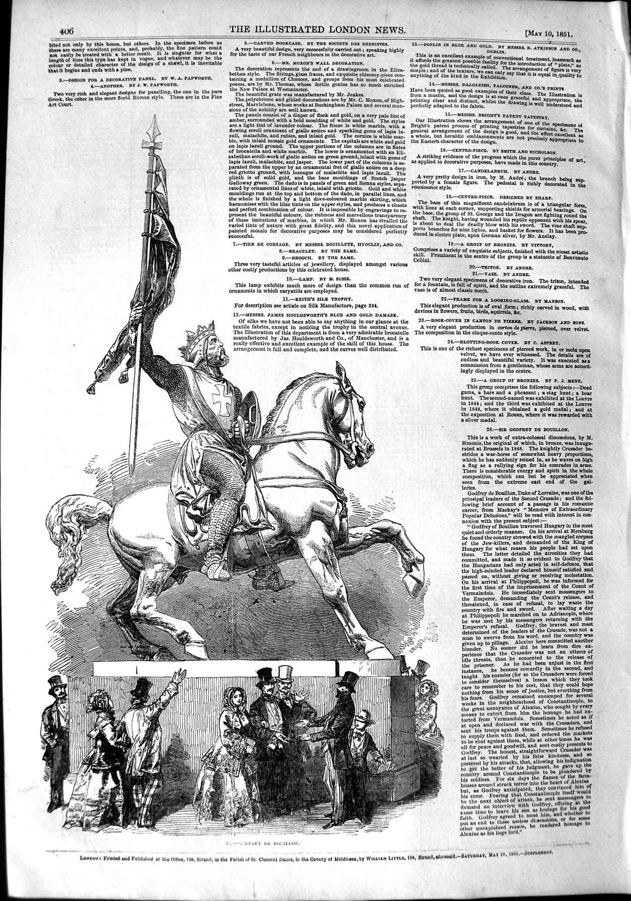 Original Old Antique Print 1851 Statue Godfrey De Boullon Horse 19th