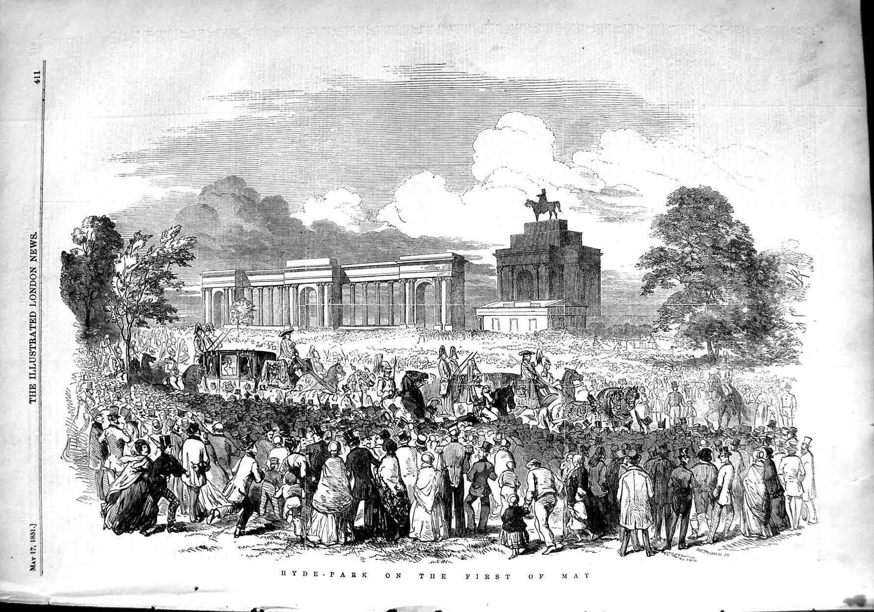 Original Old Antique Print 1851 Hyde Park London Horses Queen 19th