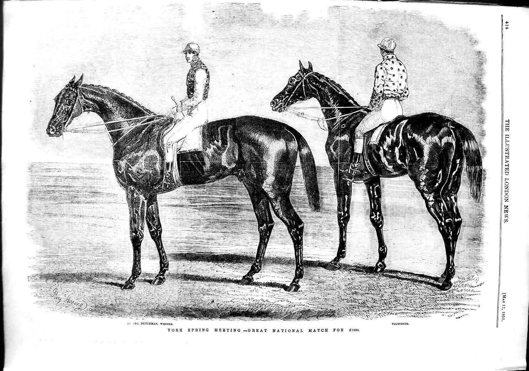 Original Old Antique Print 1851 Horse Racing Dutchman Voltigeur York Victorian
