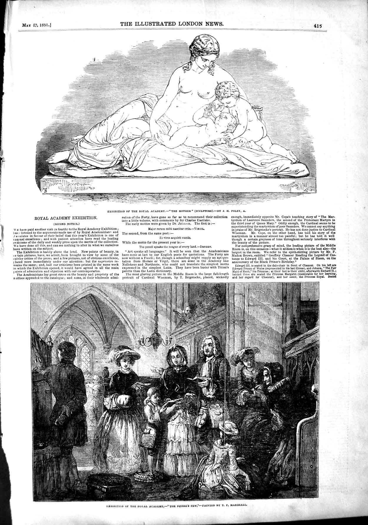 Old Antique Print 1851 Scupture Mother Children Squire Pew Royal Academy 19th