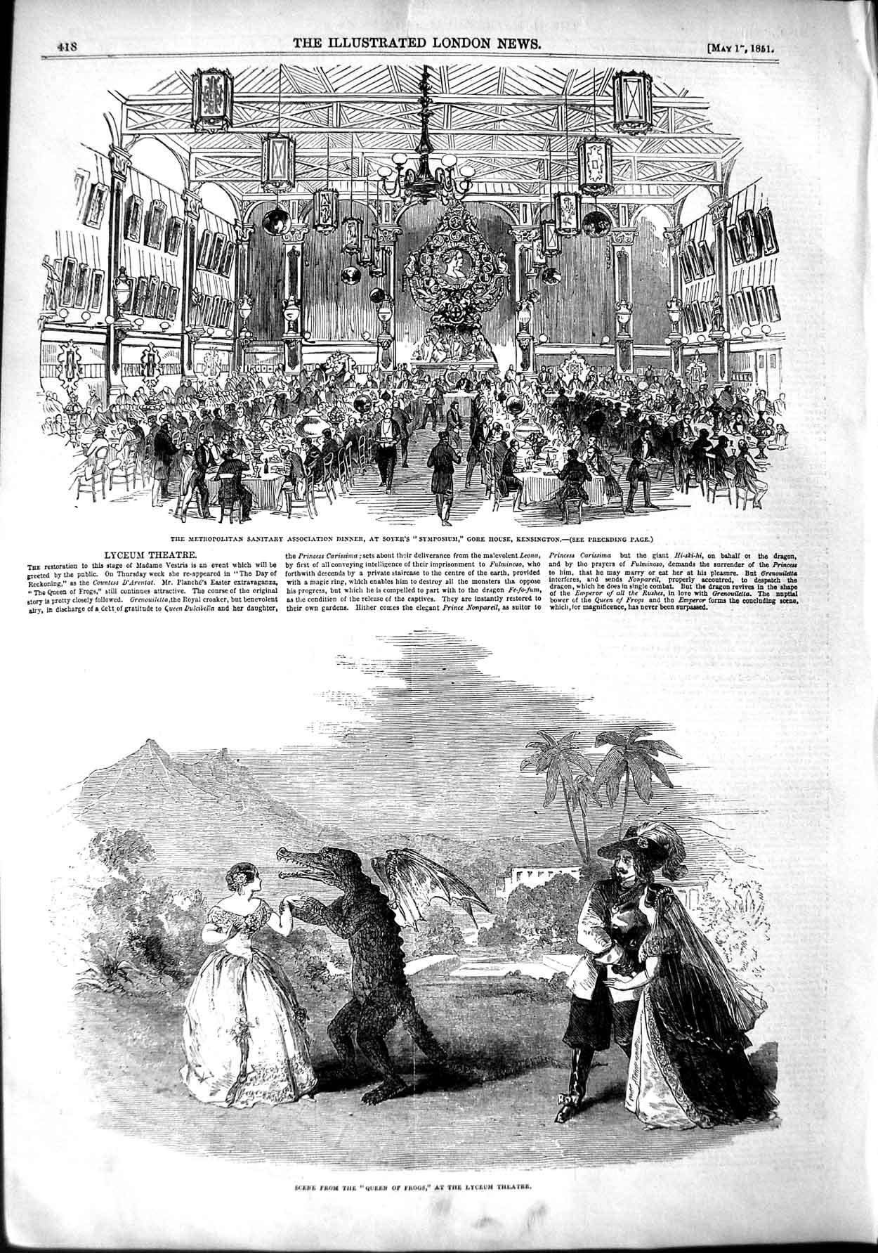 Original Old Antique Print 1851 Lyceum Theatre Soyer Symposium Kensingt 19th