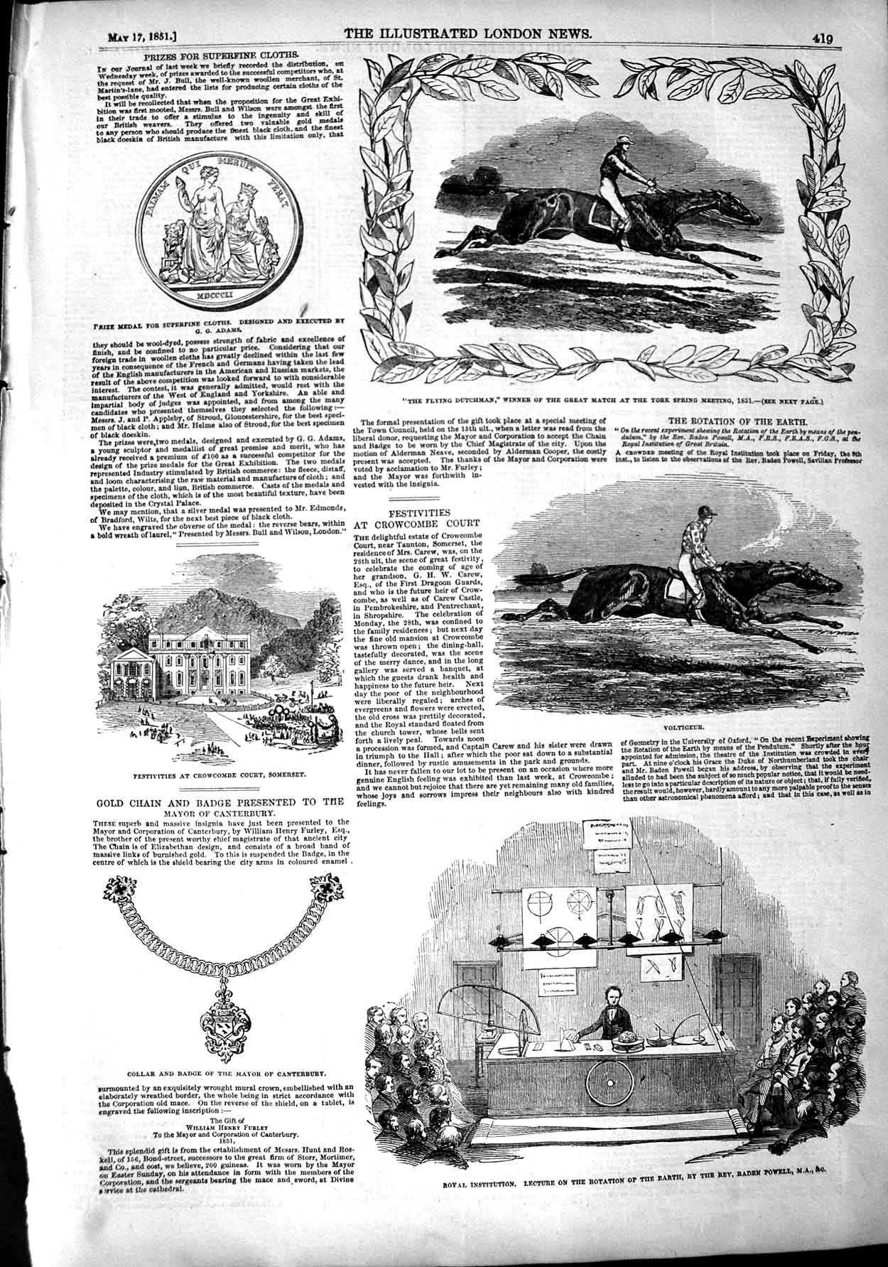 Old Antique Print 1851 Flying Dutchman Horse Voltigeur Royal Institution 19th