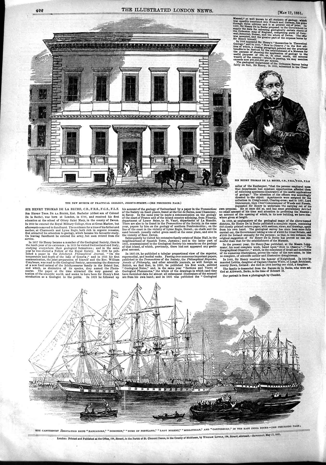 Original Old Antique Print 1851 Musuem Geology Thomas Ships Canterbury Portland