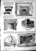 Original Old Antique Print 1851 Chair Furniture Fire-Place Chimney-Piece Iron