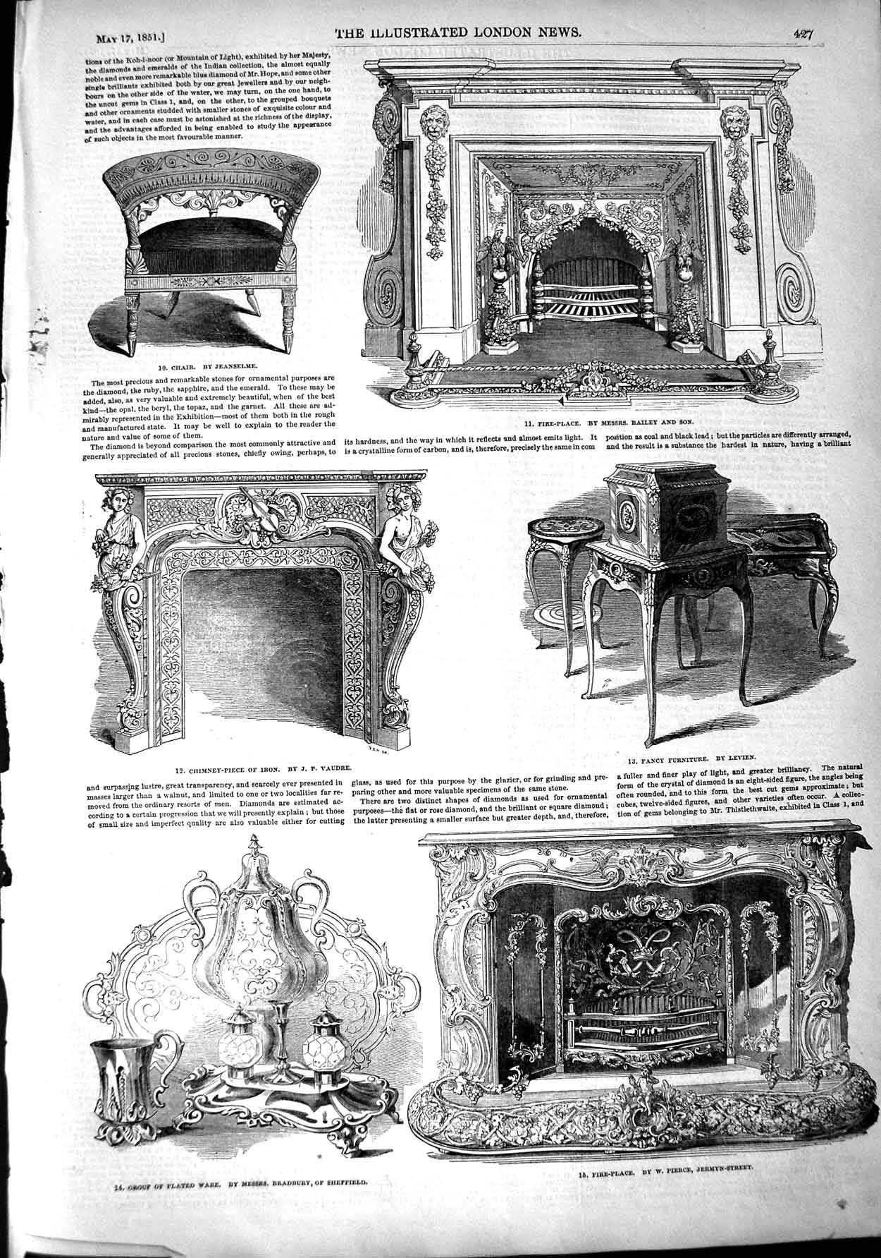 Original Old Antique Print 1851 Chair Furniture Fire-Place Chimney-Piece Iron