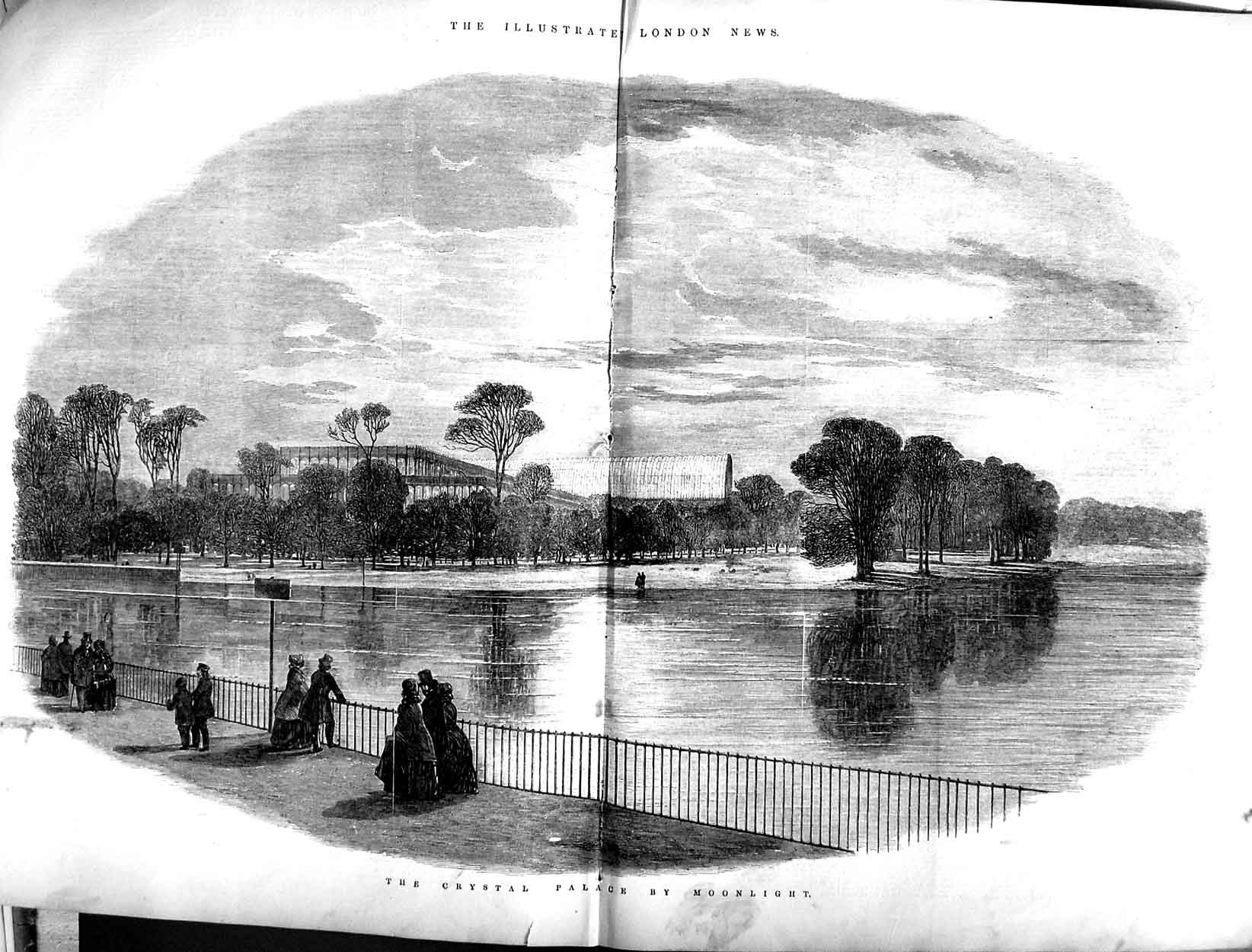 Old Antique Print 1851 View Crystal Palace London River Trees Moonlight 19th