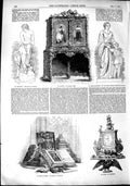 Old Antique Print 1851 Cabinet Queen Margaret Statue Books Clock Mechlin 19th