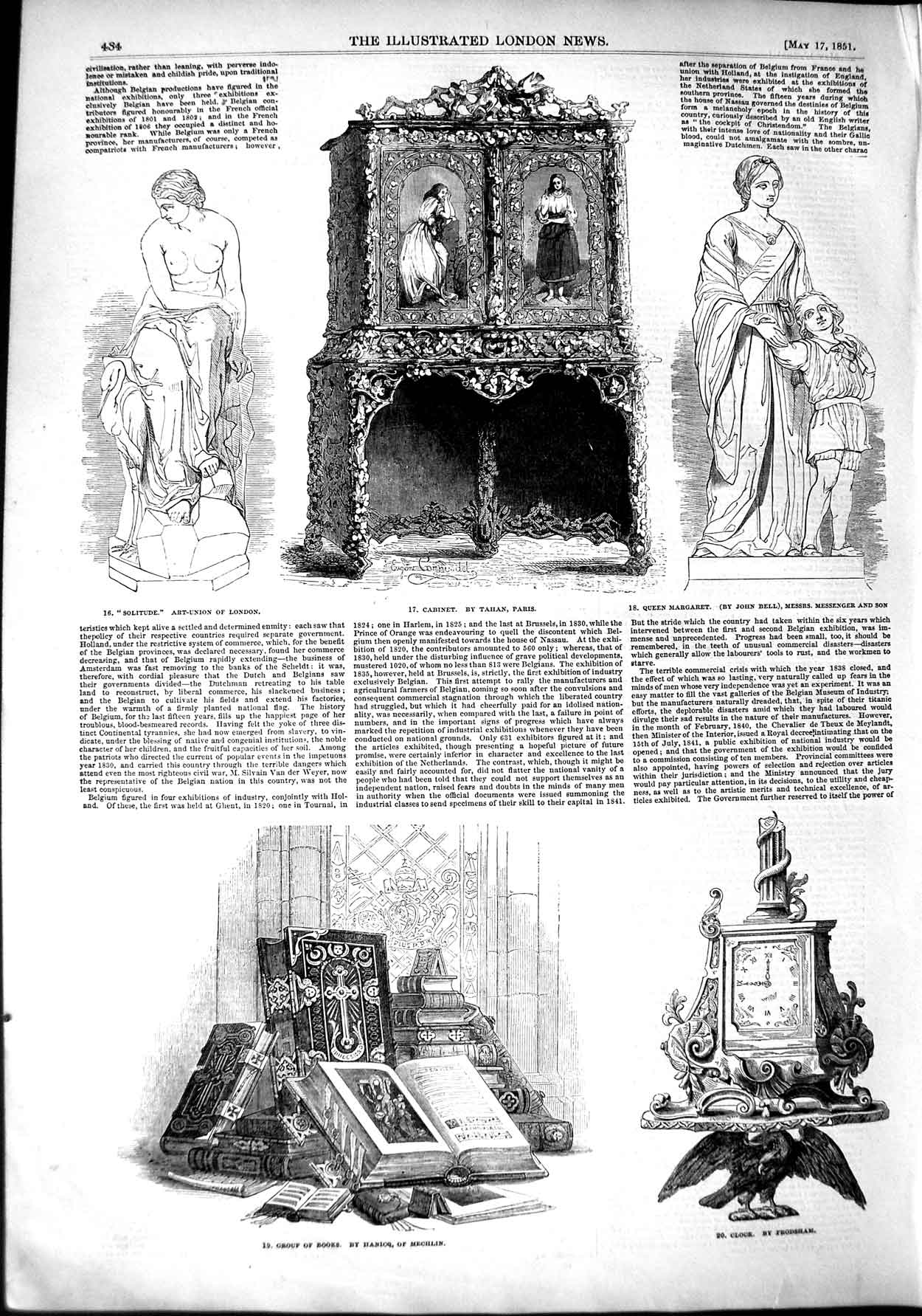 Old Antique Print 1851 Cabinet Queen Margaret Statue Books Clock Mechlin 19th