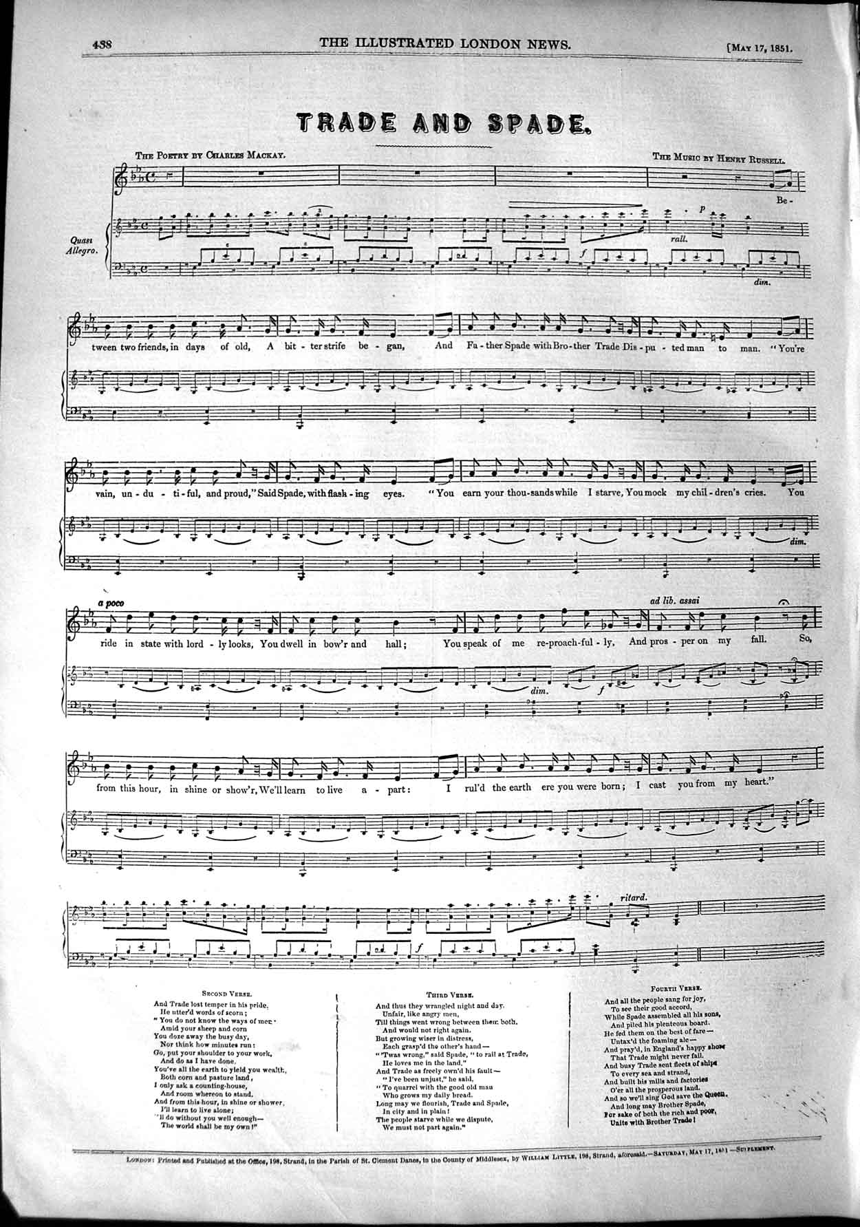 Old Antique Print 1851 Sheet Music Trade And Spade Charles Mackay Russell 19th