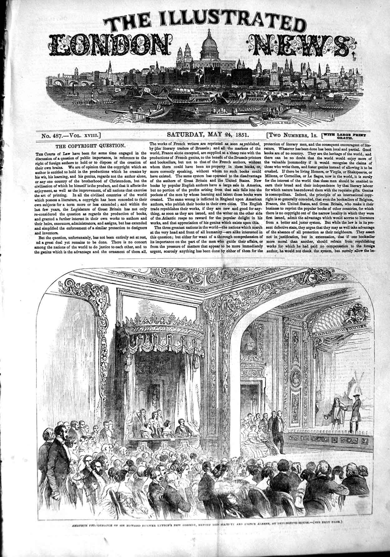 Original Old Antique Print 1851 Edward Bulwer Lytton Comedy Queen Prince Albert