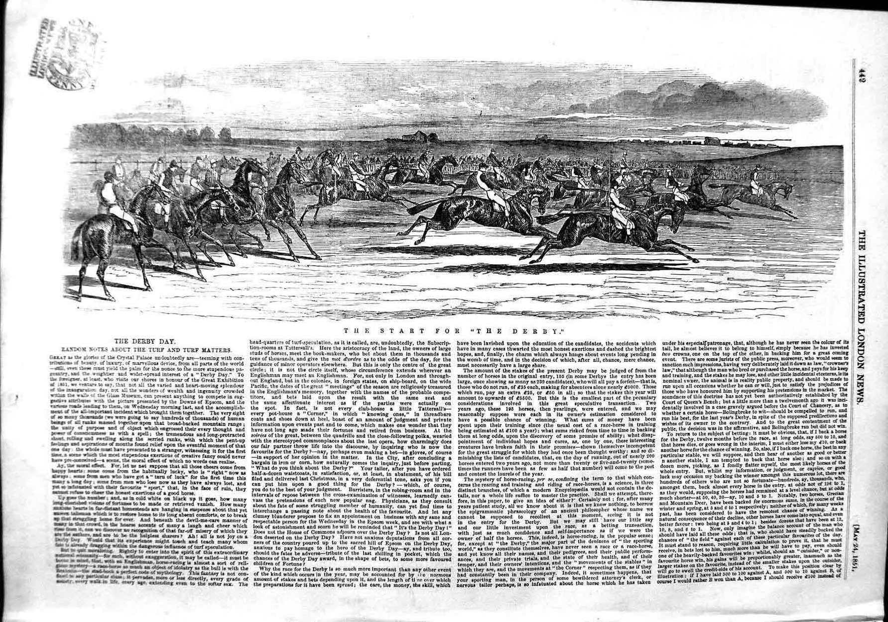 Original Old Antique Print 1851 Derby Horse Racing Sport Jockeys 19th