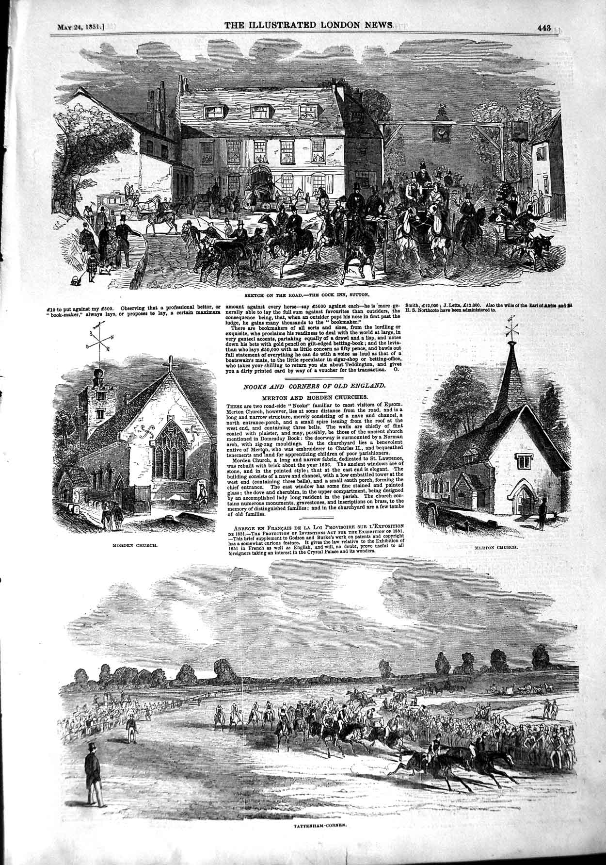 Original Old Antique Print 1851 Merton Church Morden Cock Inn Tattenham Horses