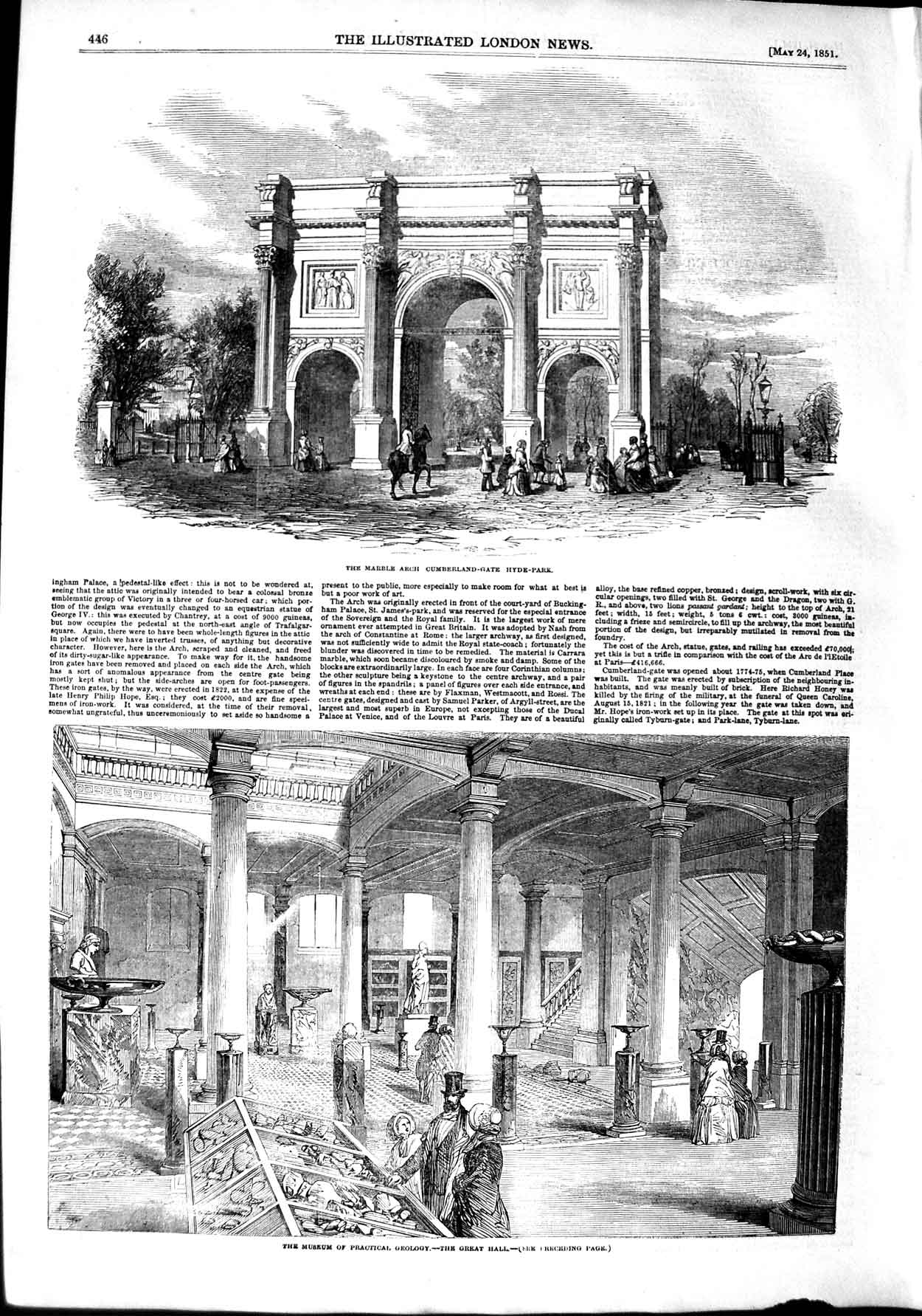 Original Old Antique Print 1851 Marble Arch Cumberland Gate Hyde Museum Geology