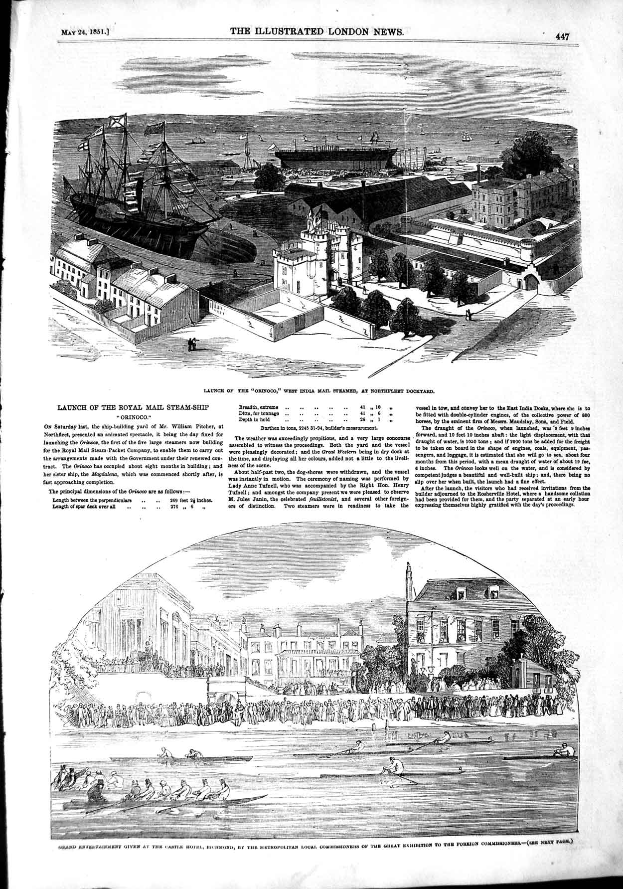 Old Antique Print 1851 Ship Orinoco India Mail Ship Castle Hotel Richmond 19th