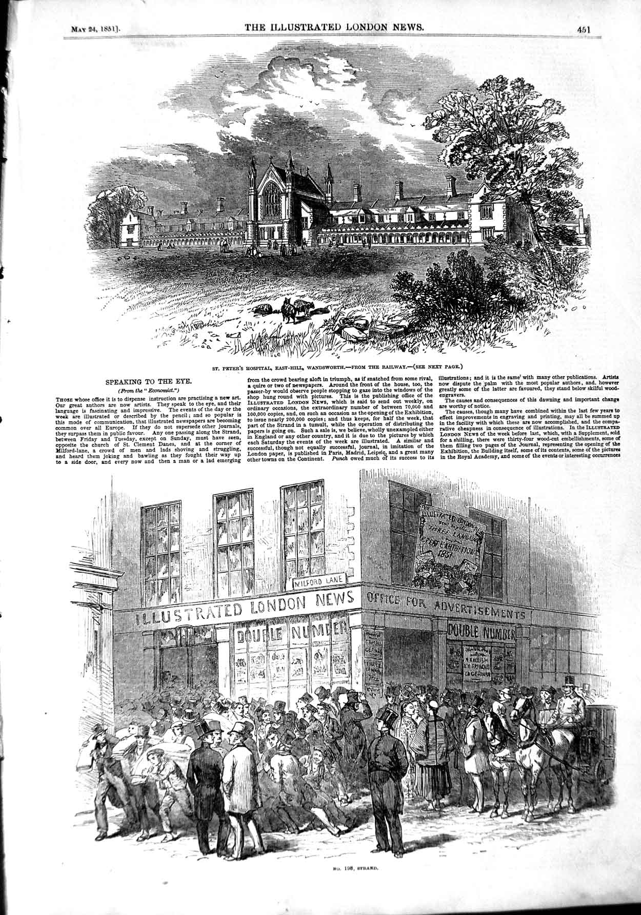 Original Old Antique Print 1851 St. Peter'S Hospital Wandsworth Strand London
