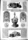 Original Old Antique Print 1851 Furniture Fountain Stained Window Cotton-Mache