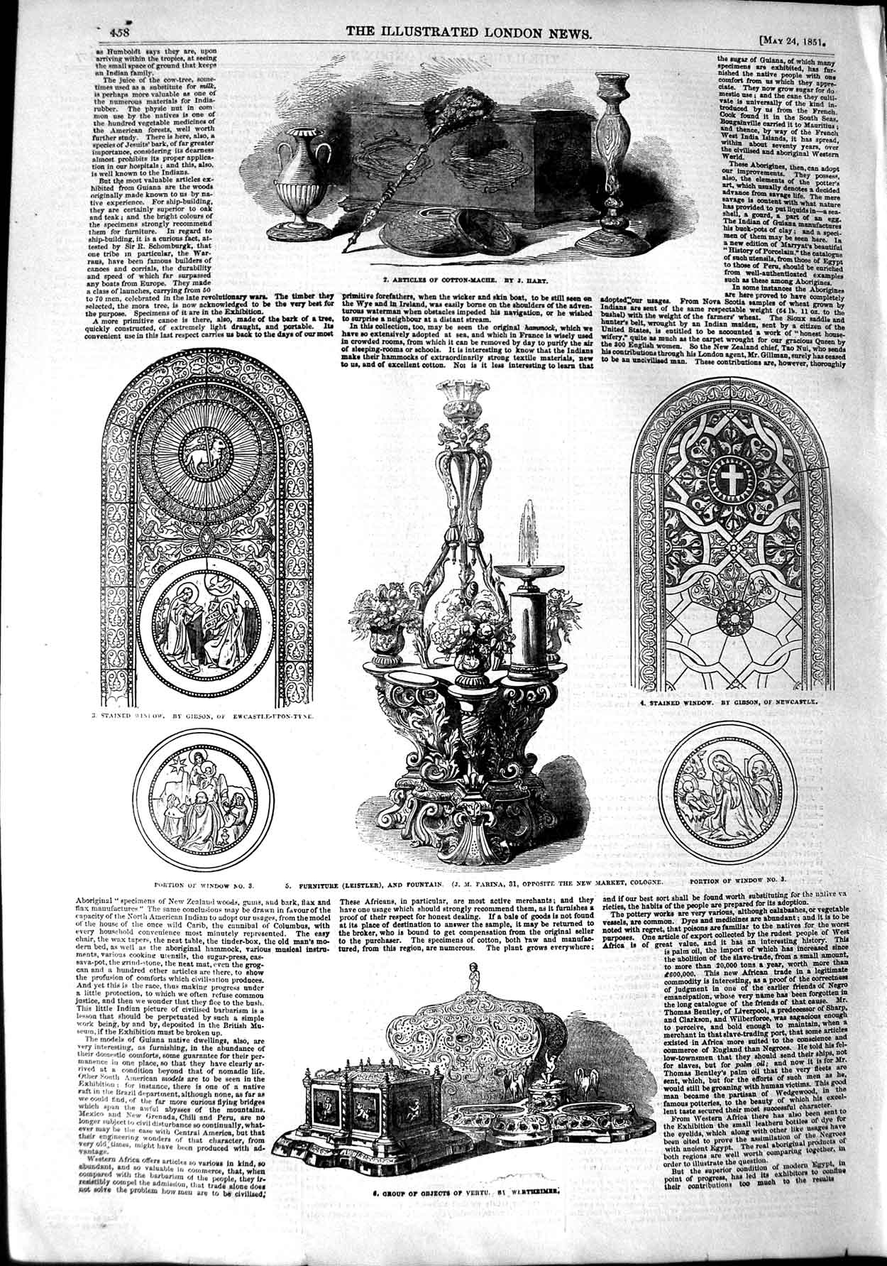 Original Old Antique Print 1851 Furniture Fountain Stained Window Cotton-Mache