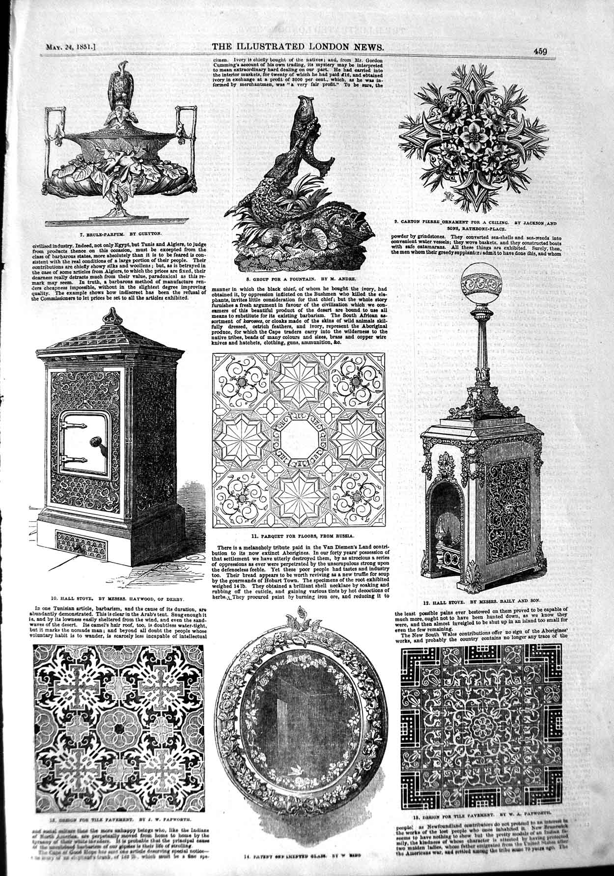 Original Old Antique Print 1851 Parquet Floor Hall Stove Brule-Parfum Designs
