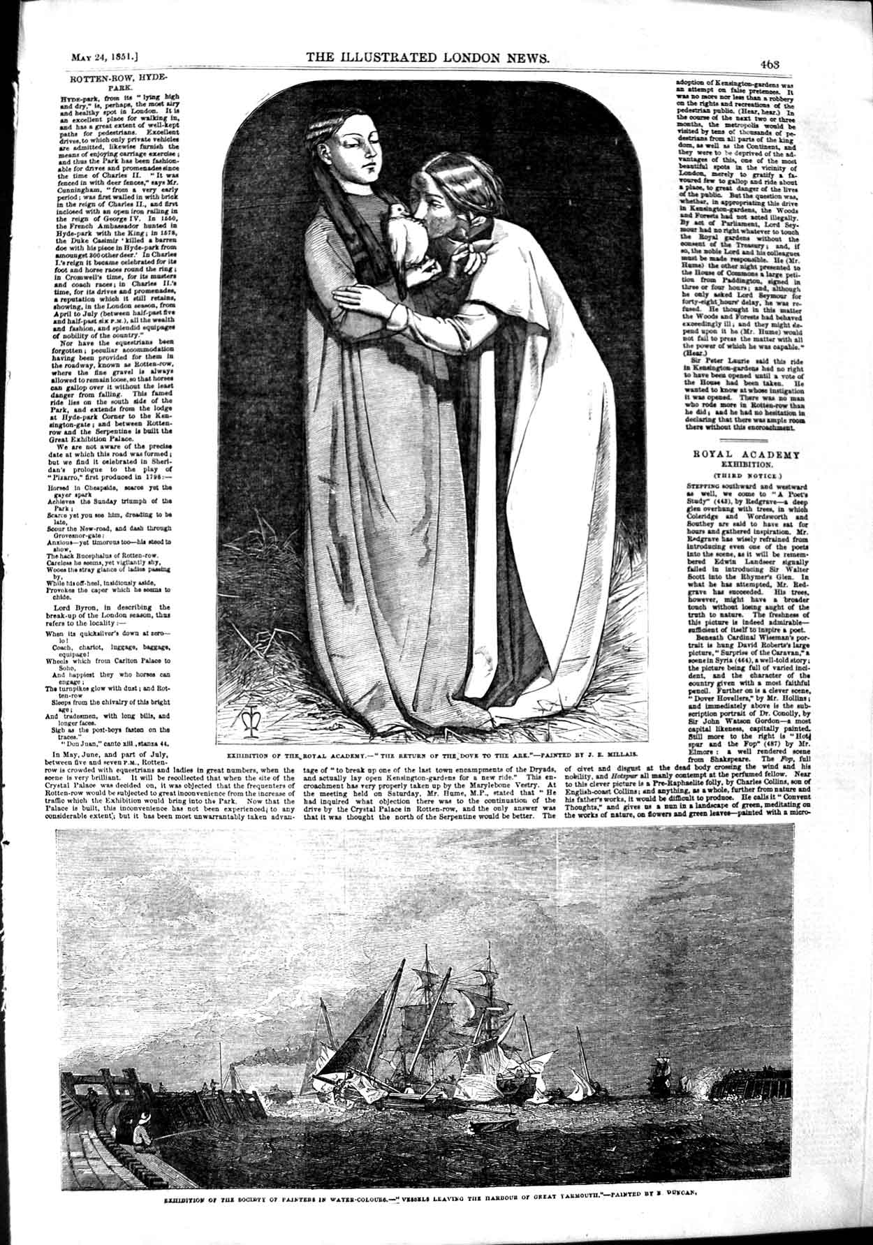 Original Old Antique Print 1851 Dove Ark Royal Academy Art Ships Great Yarmouth