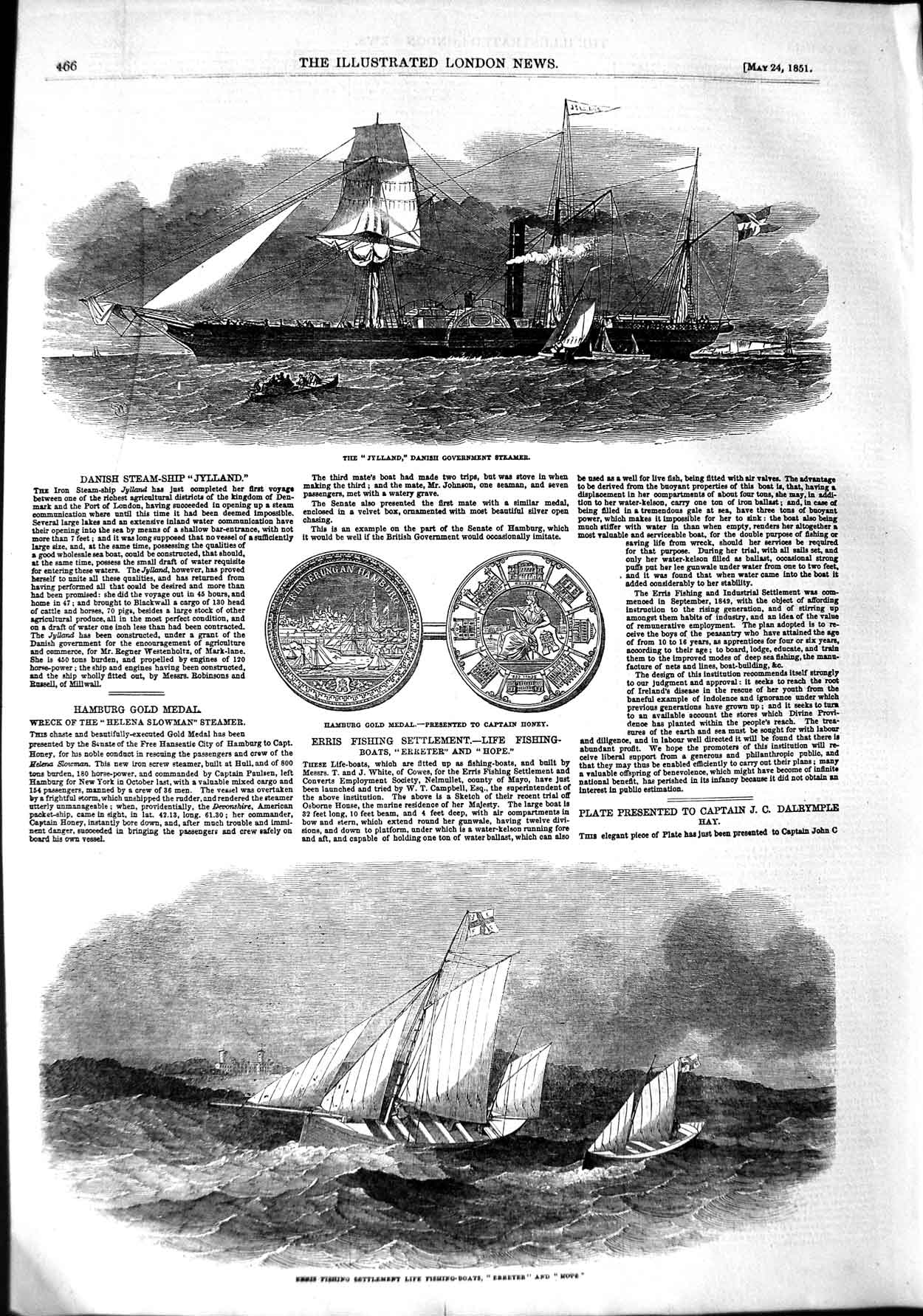 Original Old Antique Print 1851 Jylland Danish Government Ship Erris Fishi 19th