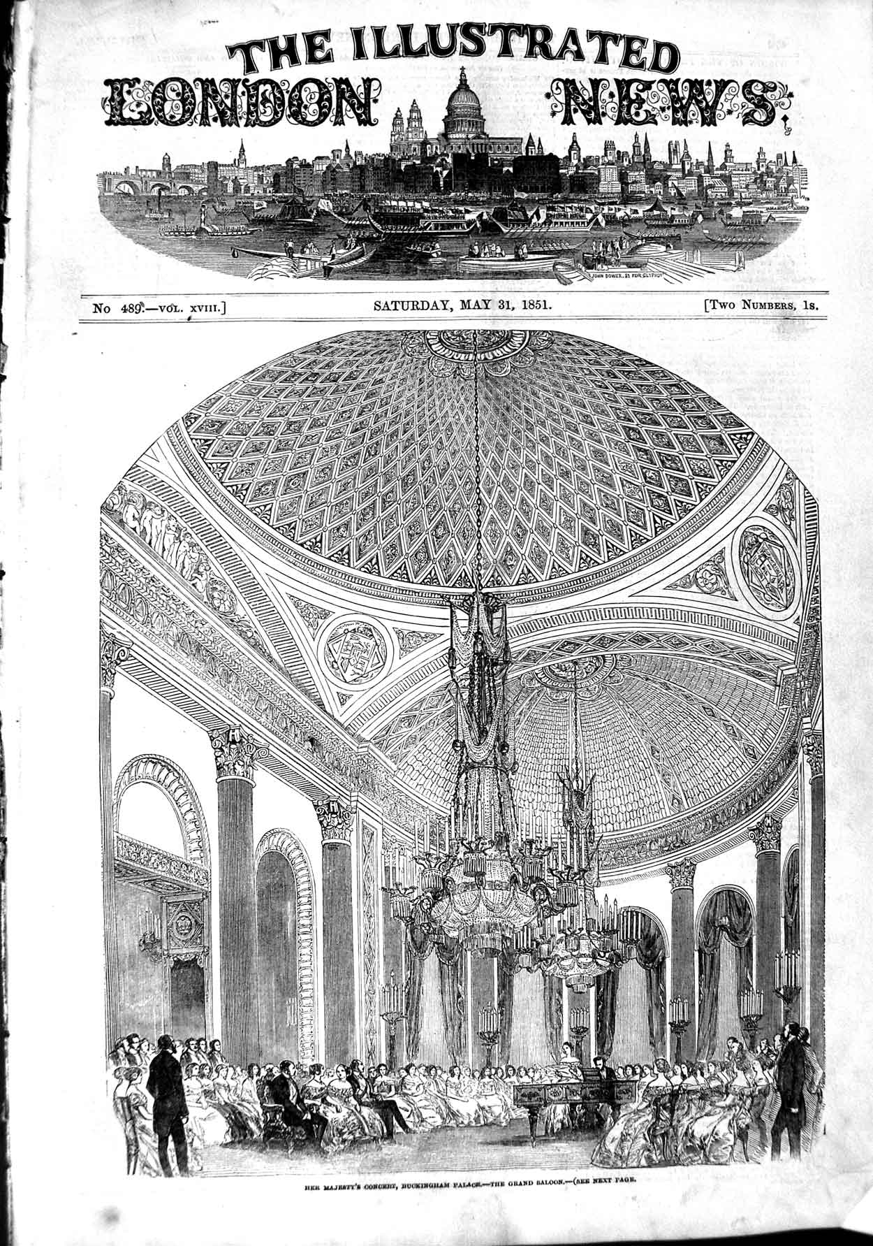 Original Old Antique Print 1851 Queen Concert Buckingham Palace Grand Victorian