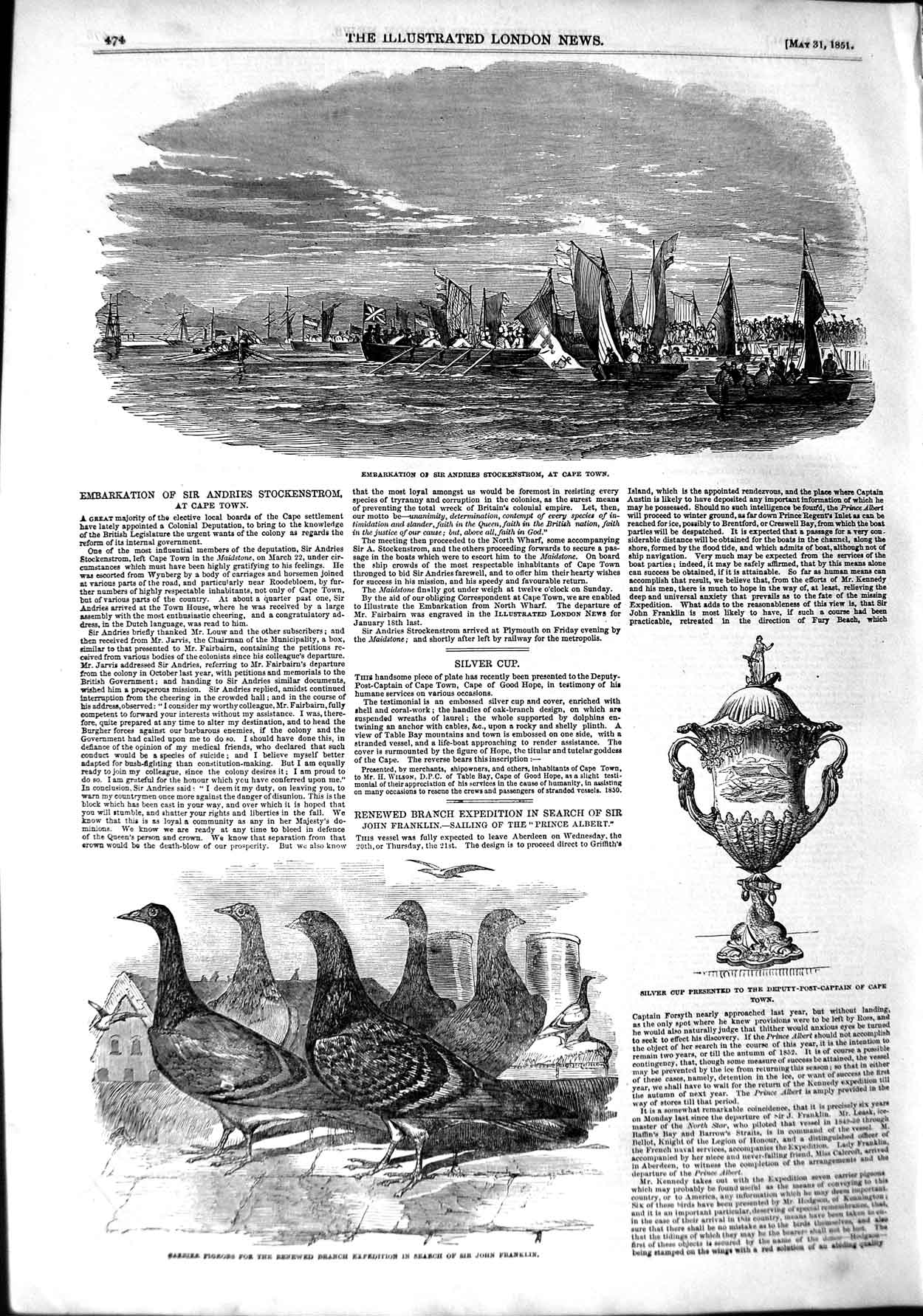 Original Old Antique Print 1851 Andries Stockenstrom Cape Town Pigeons Franklin