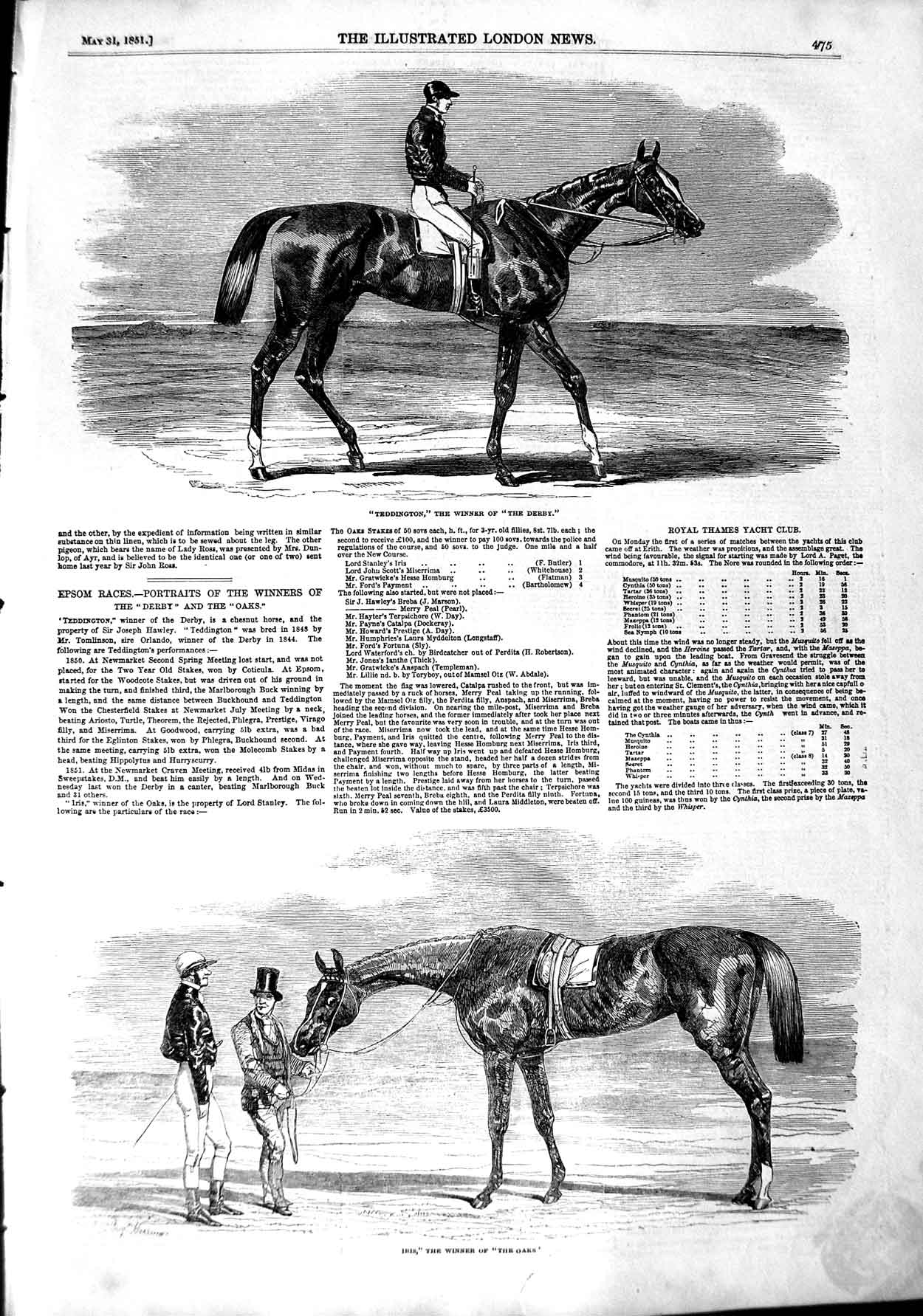 Original Old Antique Print 1851 Teddington Horse Winner Derby Iris Oak Victorian