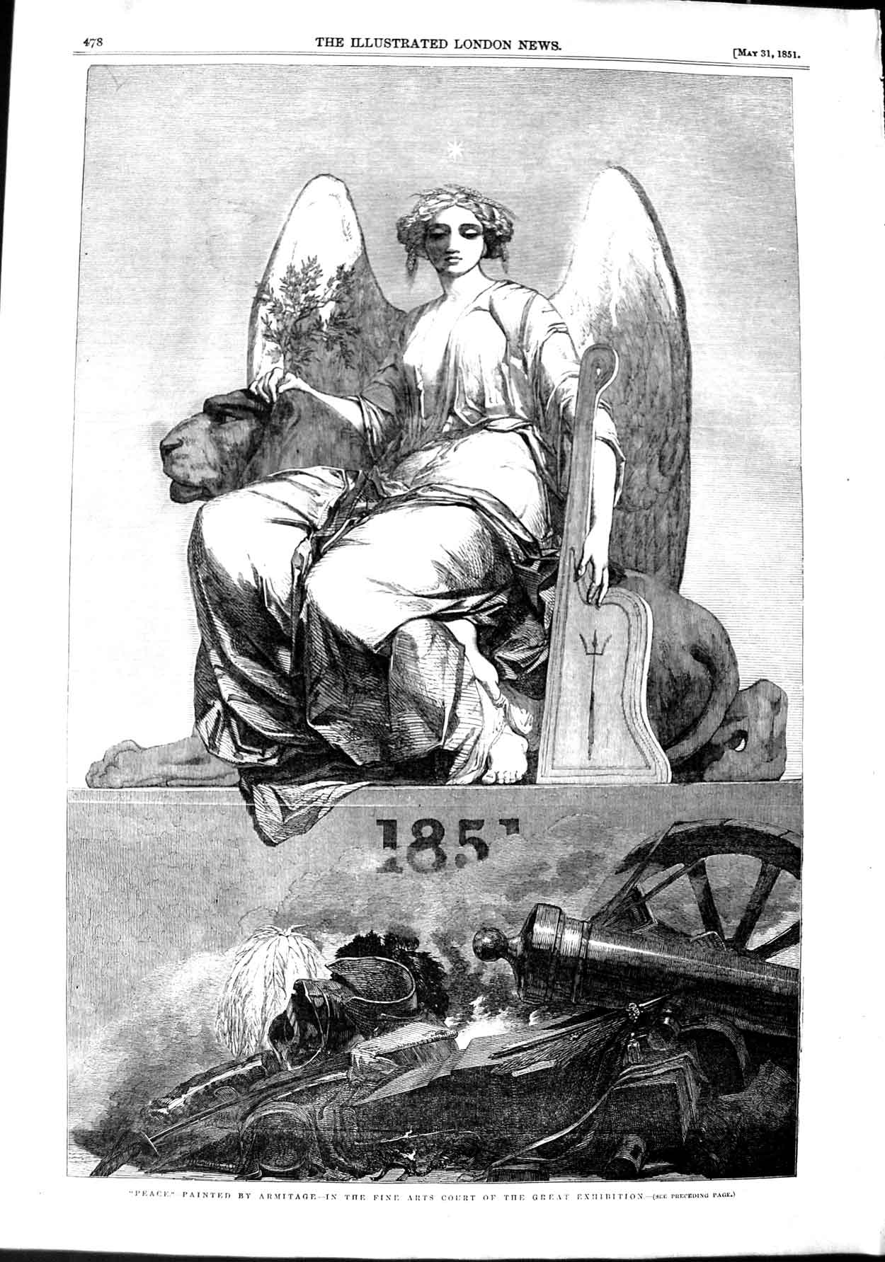 Original Old Antique Print 1851 Fine Art Great Exhibition Peace Beautiful Lady