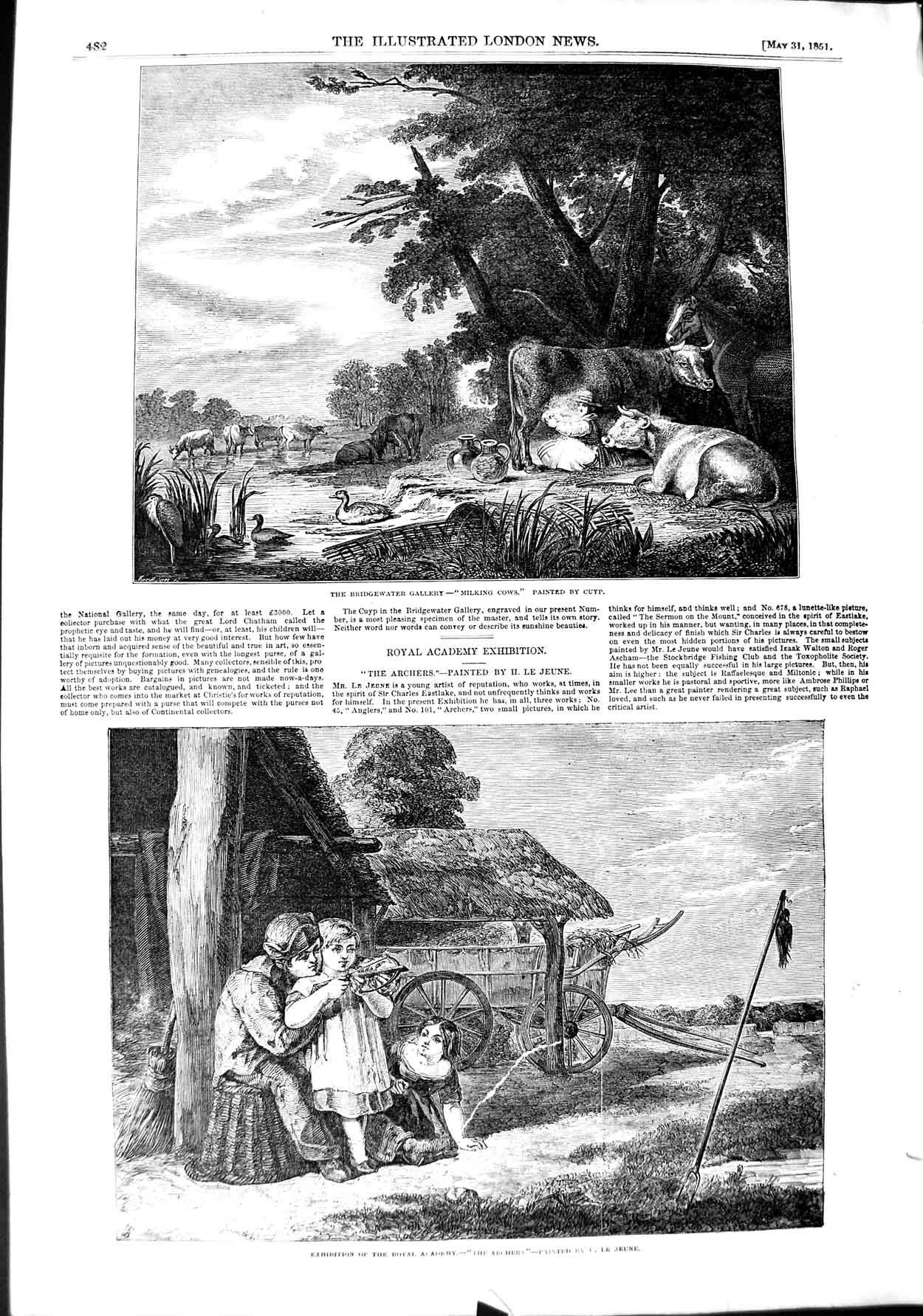 Old Antique Print 1851 Milking Cows Archers Children Bridgewater Gallery 19th