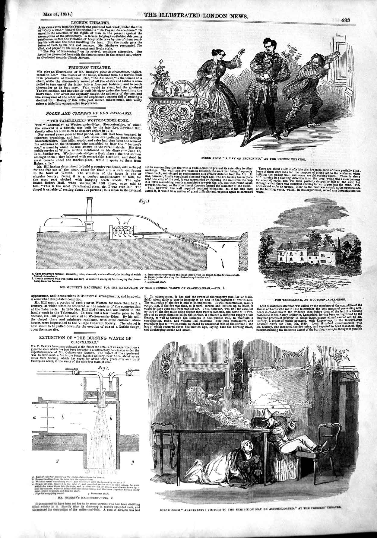 Old Antique Print 1851 Lyceum Theatre Gurney Machinery Gurrey Tabernacle 19th