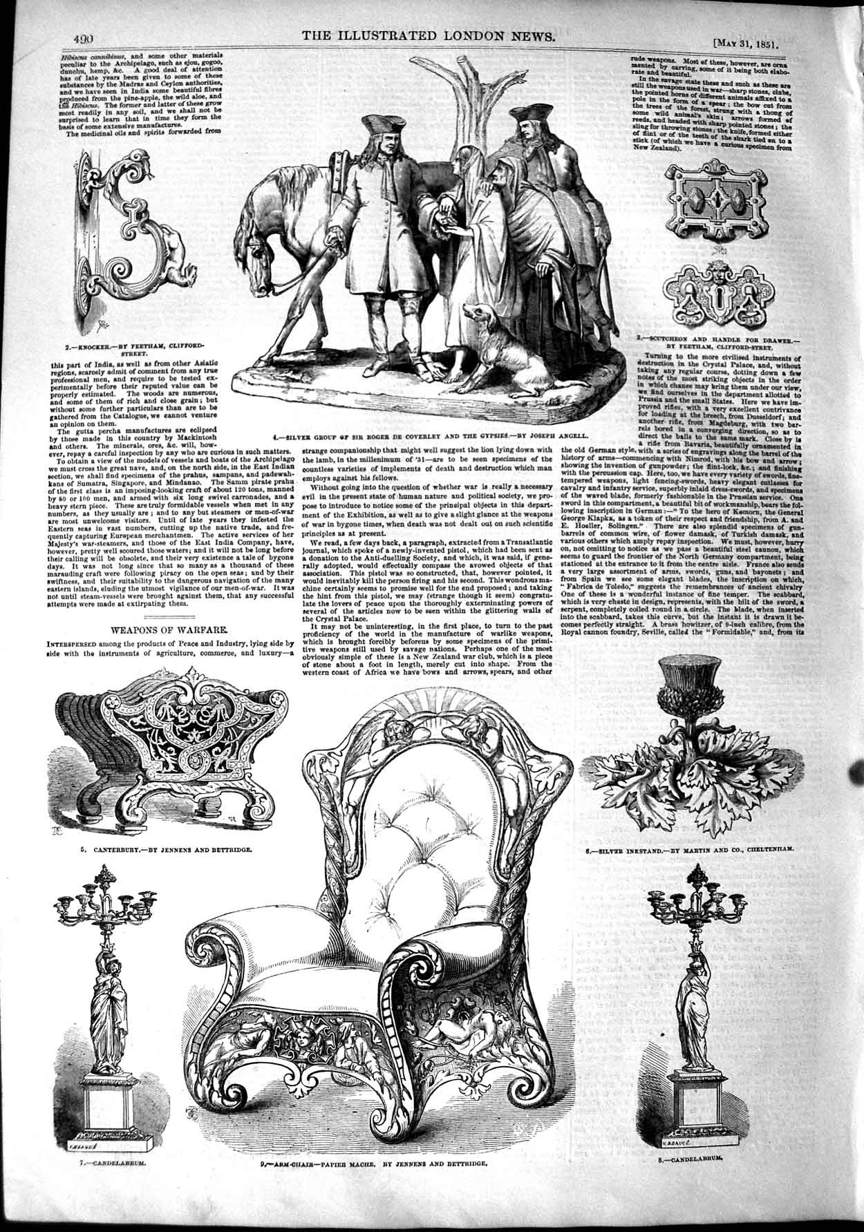 Old Antique Print 1851 Arm Chair Paper Mache Candelabrum Silver Inkstand 19th