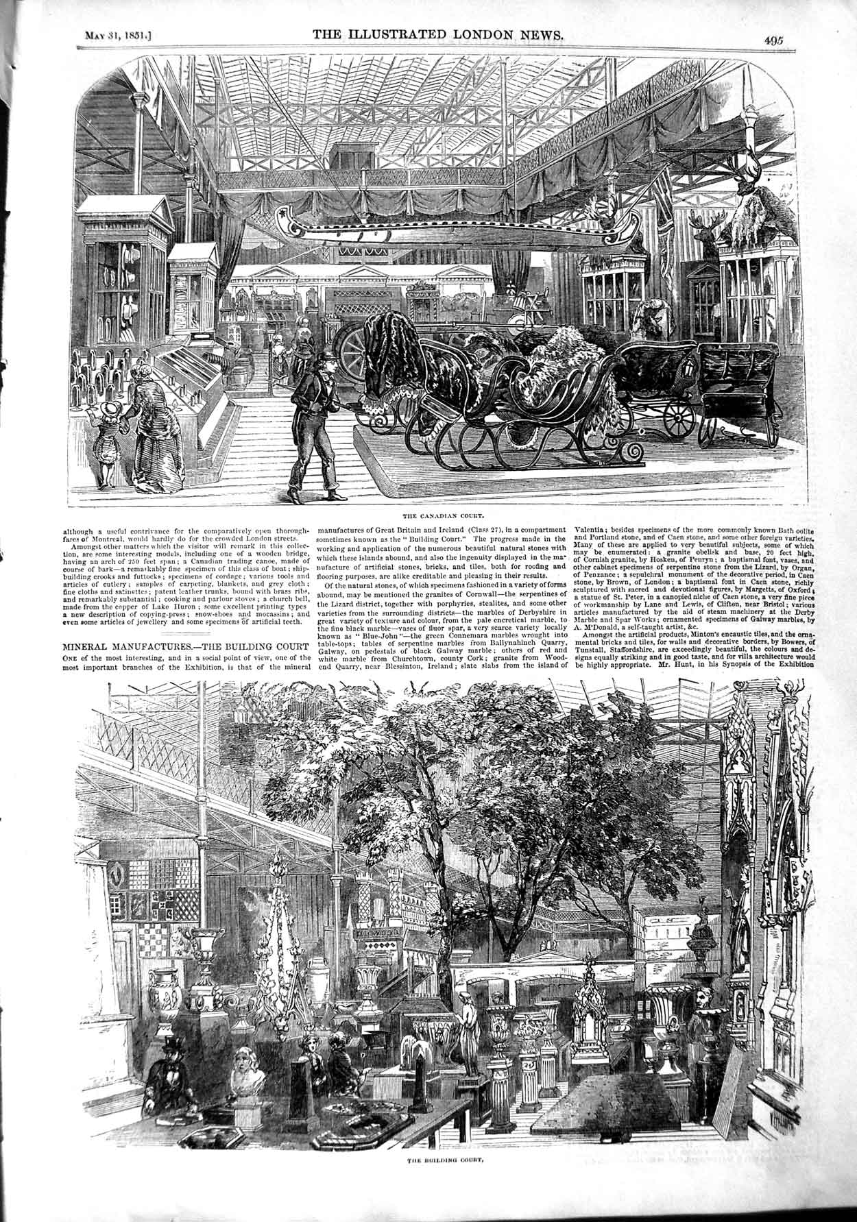 Original Old Antique Print 1851 Mineral Manufactures Candian Court Building