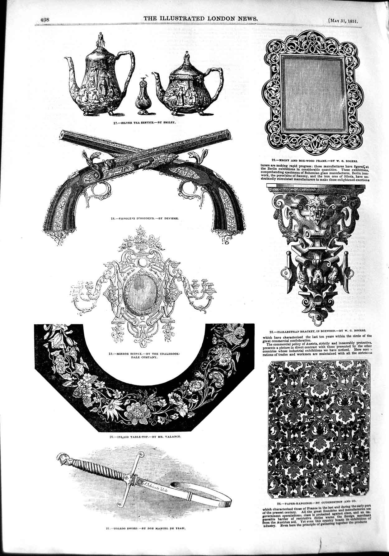 Old Antique Print 1851 Mirror Sconce Toledo Sword Ornaments Silver Vase 19th