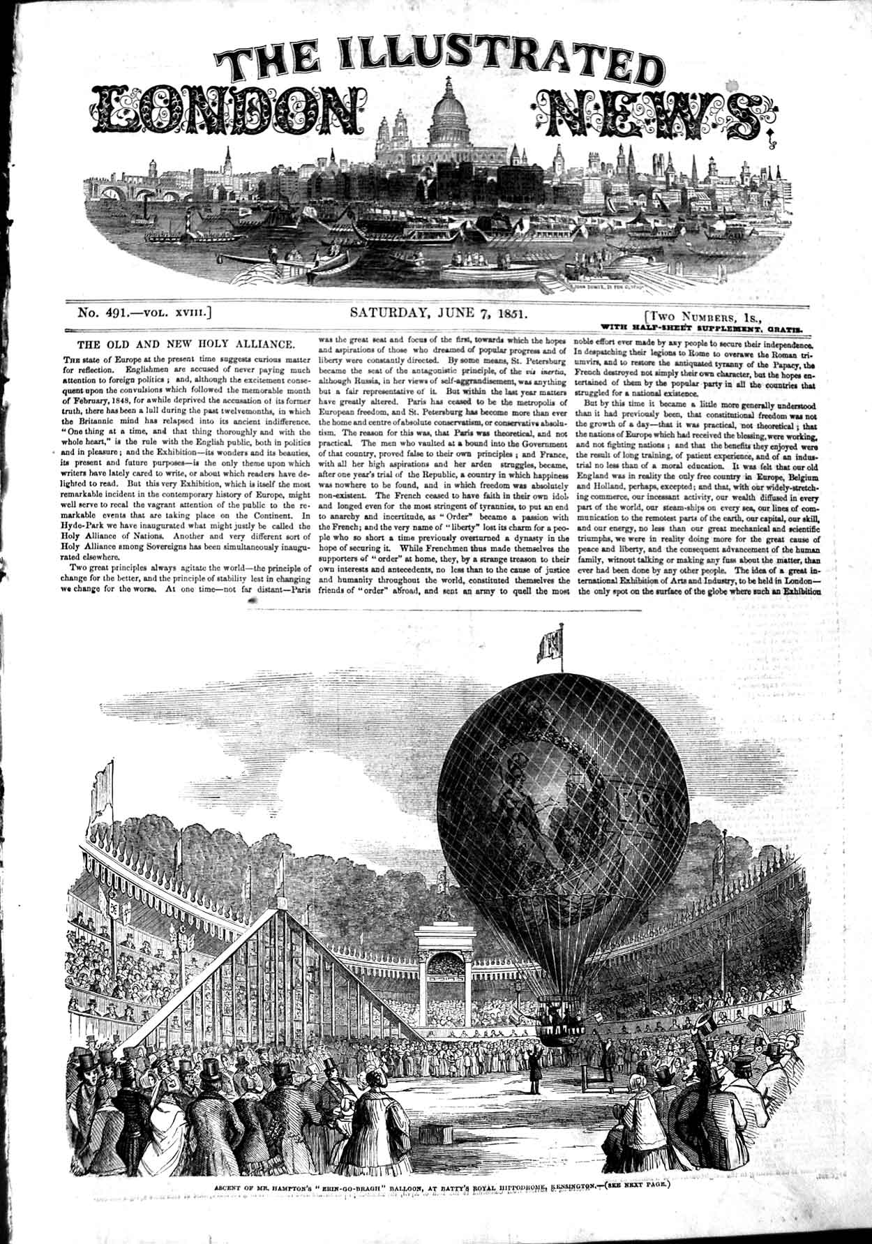 Original Old Antique Print 1851 Hampton Erin-Go-Bragh Balloon Batty Kensington