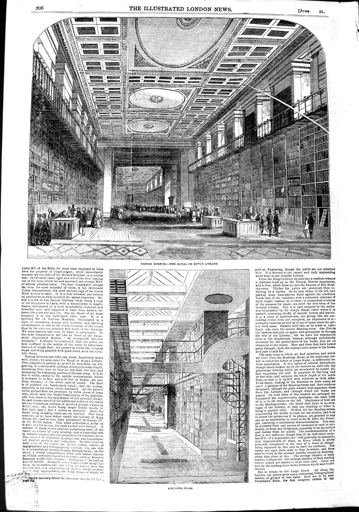 Original Old Antique Print 1851 British Museum Royal King'S Library Long Room
