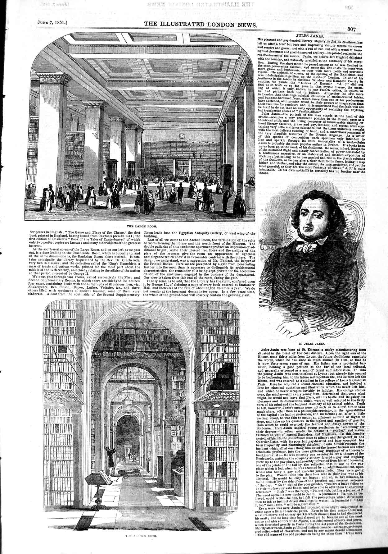 Original Old Antique Print 1851 Portrait Jules Janin British Museum Rooms 19th
