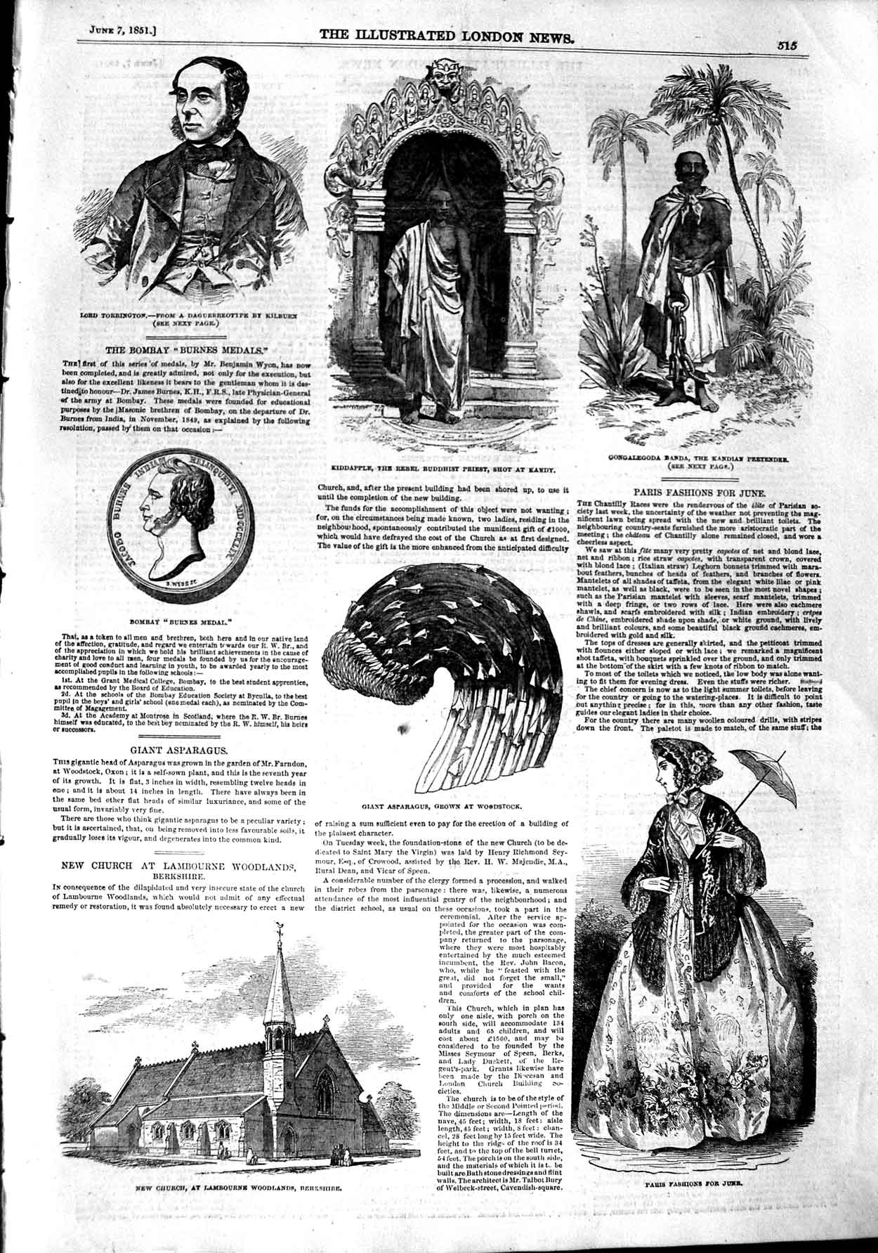Old Antique Print 1851 Lord Torrington Kiddapple Church Berkshire Banda 19th
