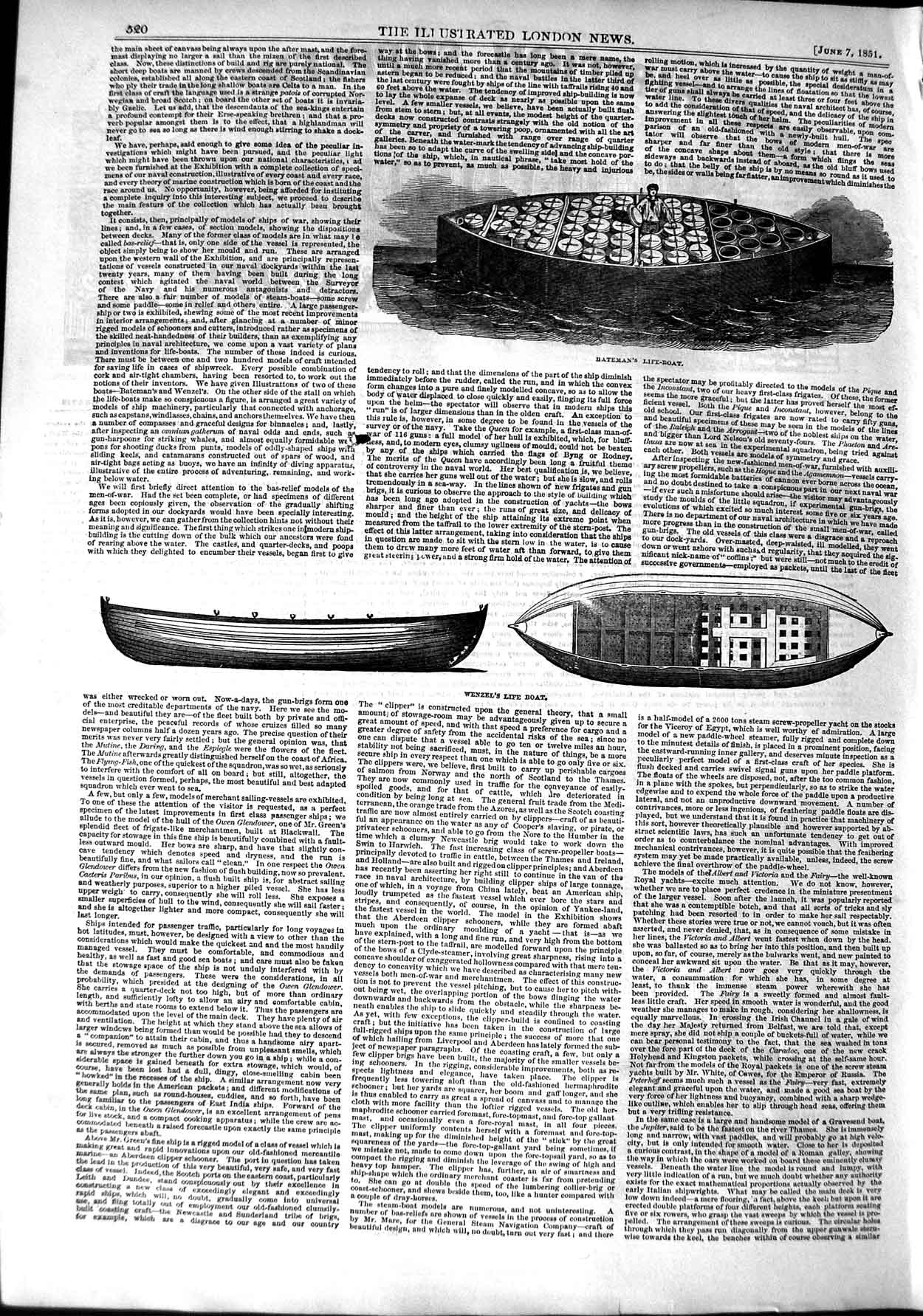 Original Old Antique Print 1851 Bateman'S Life-Boat Wenzels Life-Saving 19th